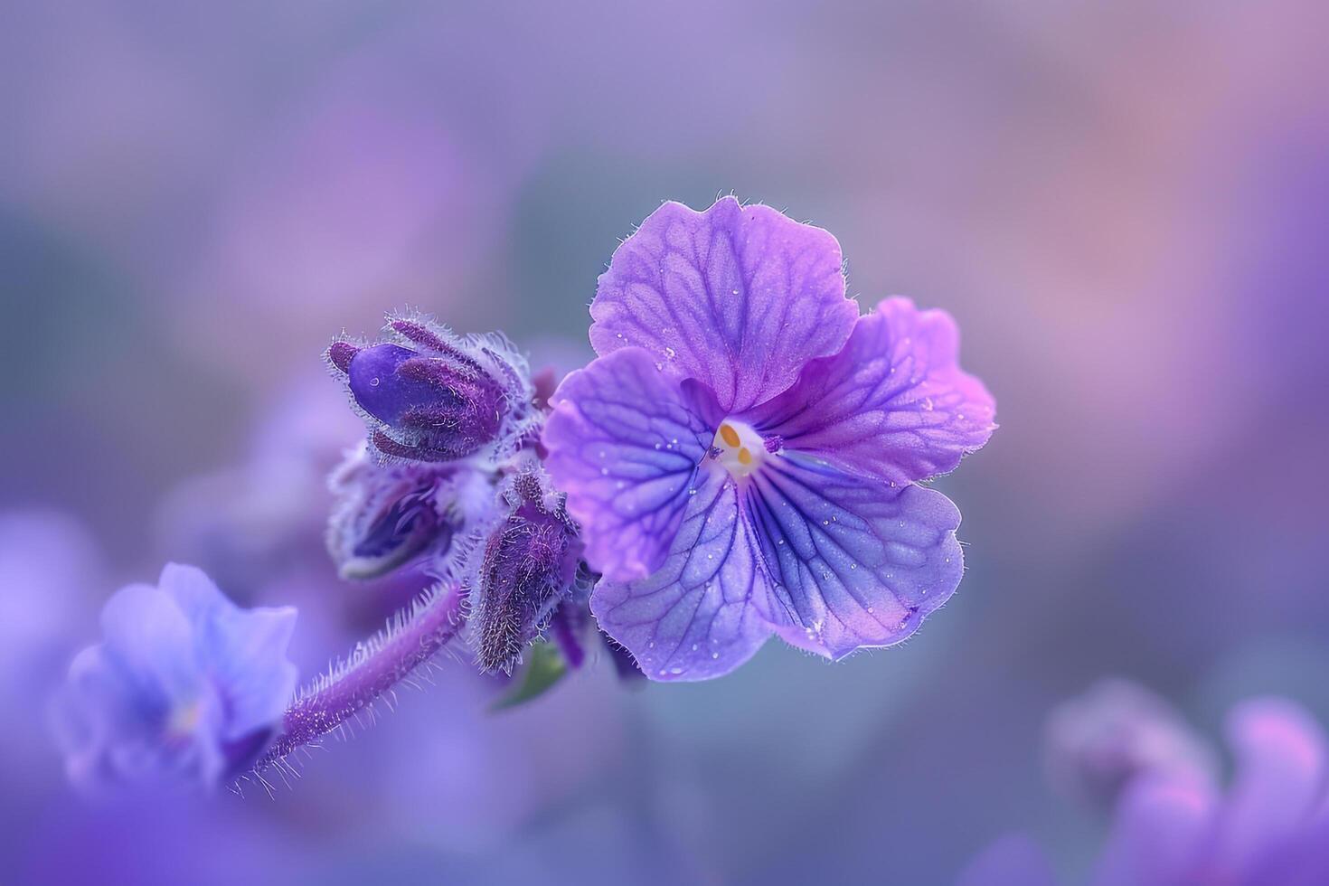a purple flower is shown in front of a blurry background photo