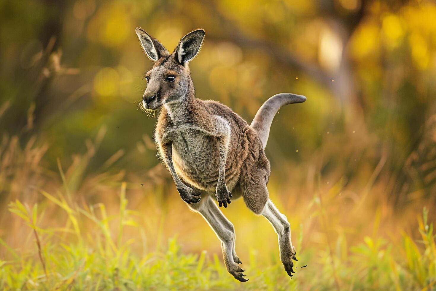 a kangaroo jumping in the air in the wild photo