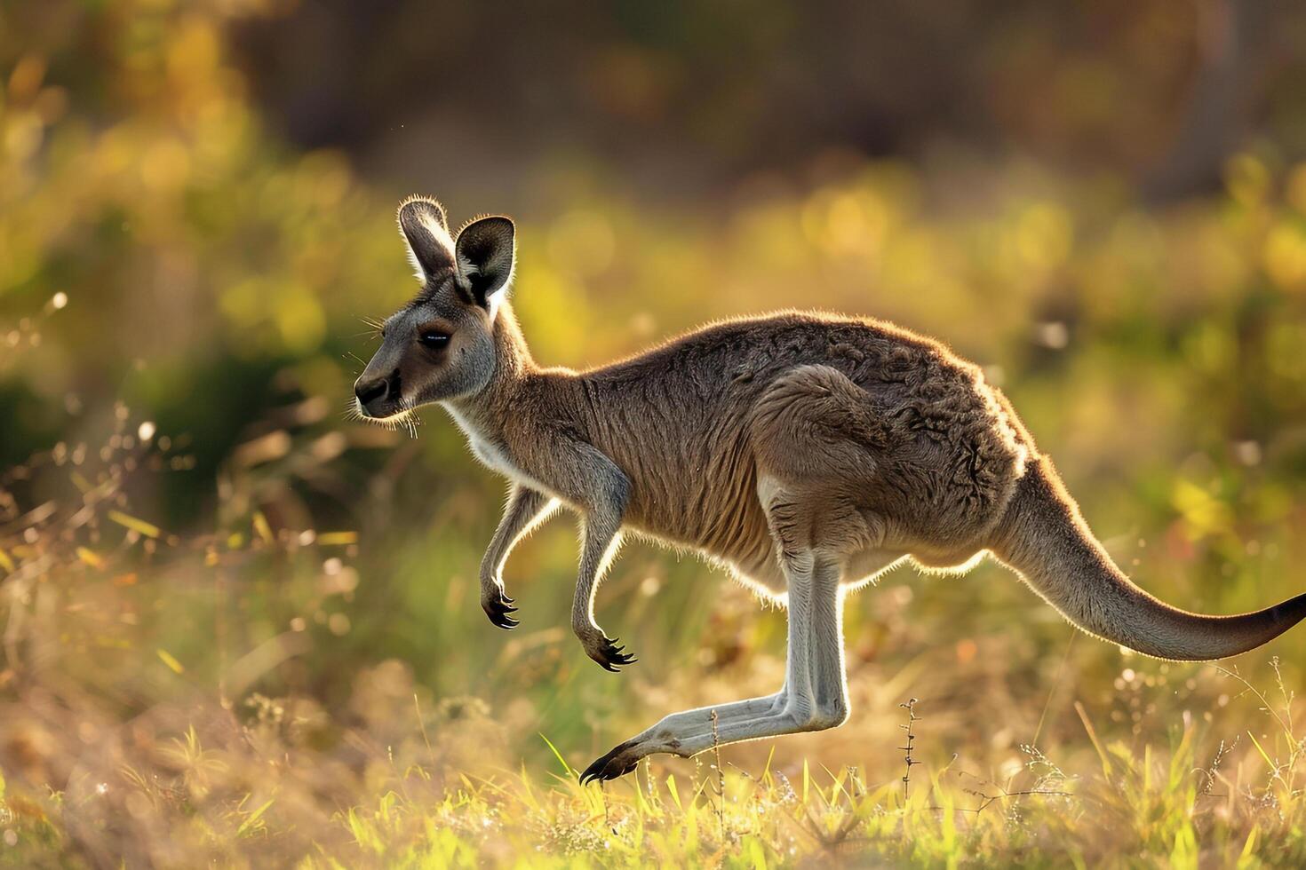 a kangaroo jumping in the air in a field photo