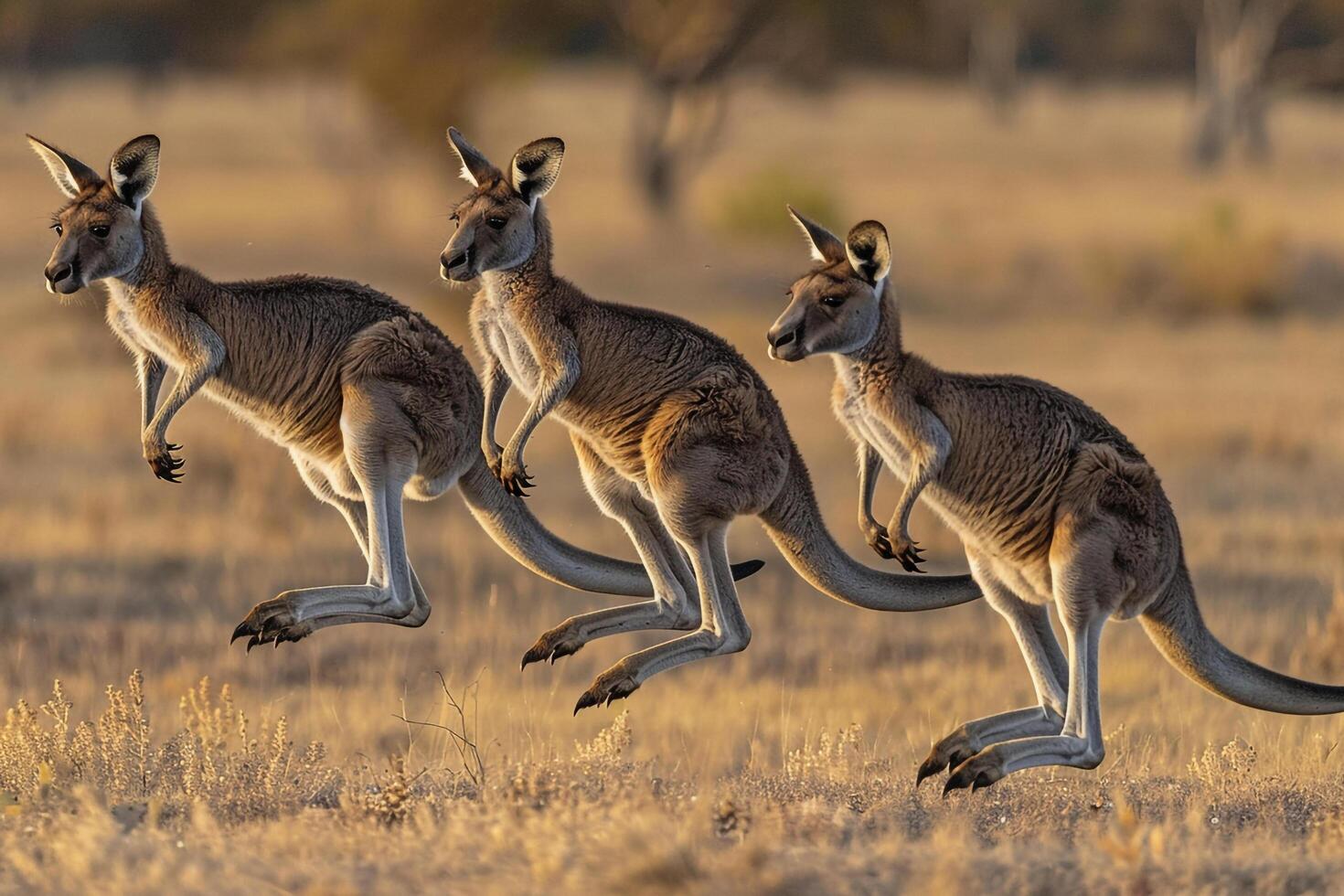 three kangaroos jumping in the air in the middle of a field photo