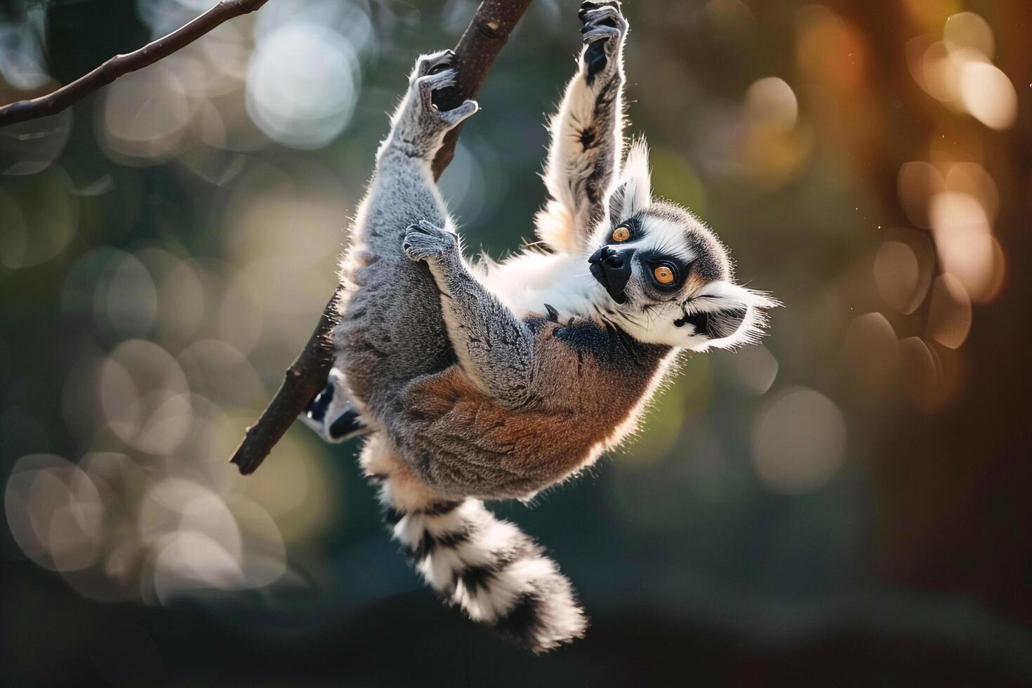 a lemur hanging from a tree branch photo