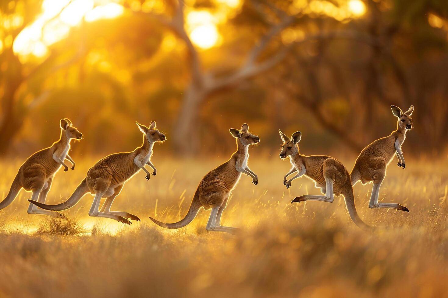 a group of kangaroos running in the sunset photo