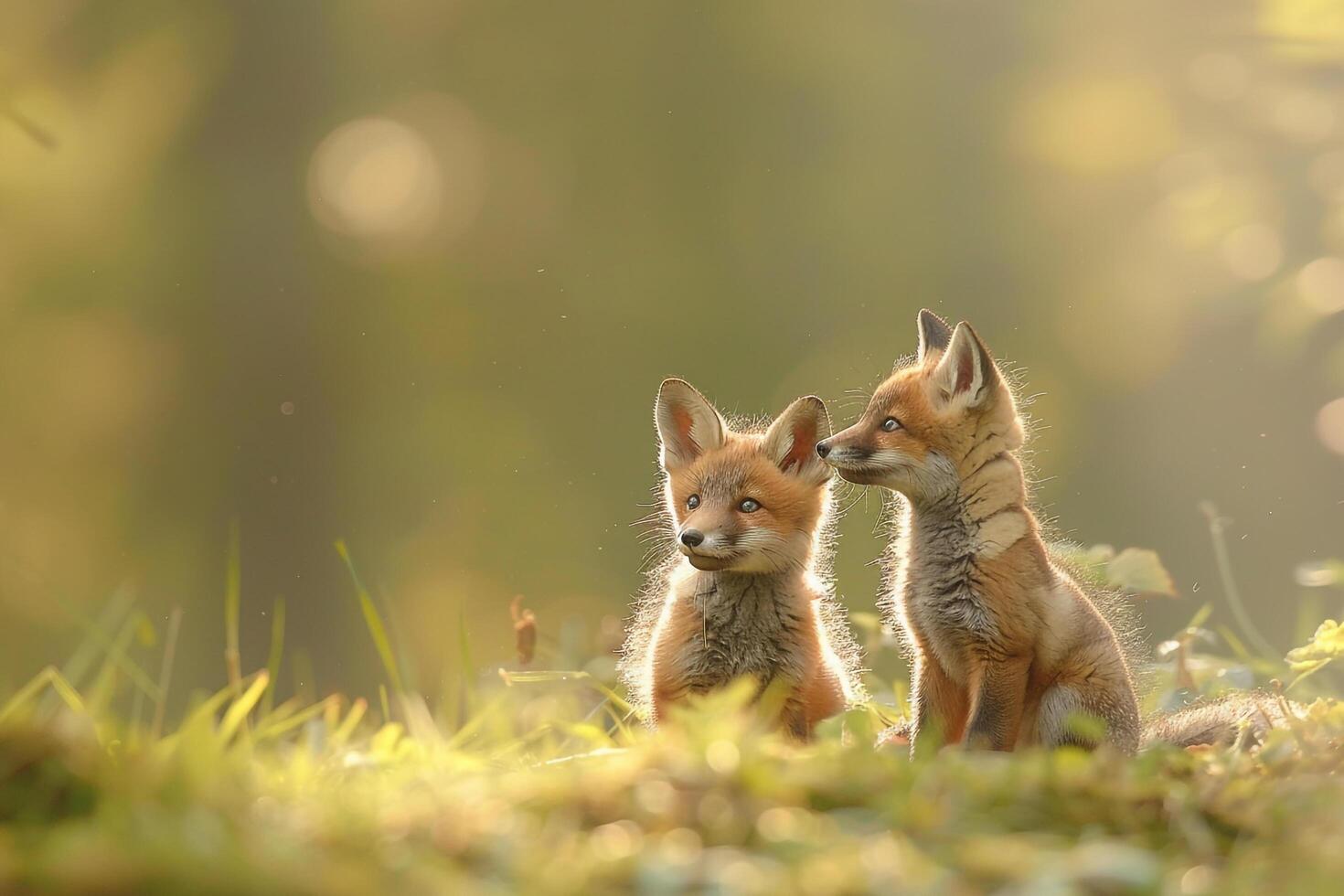 two fox cubs sitting in the grass photo
