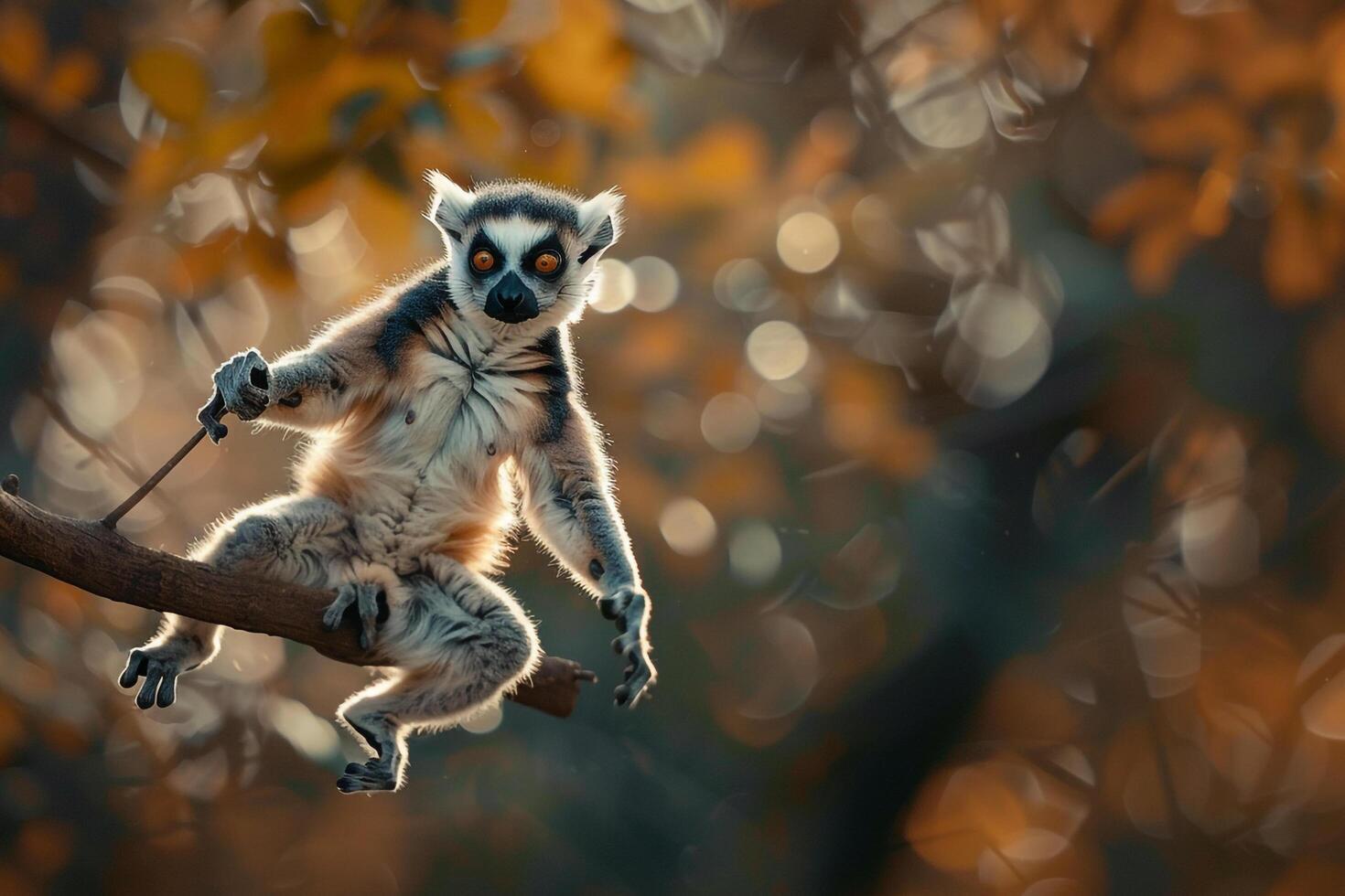 a lemur is sitting on a branch in the woods photo