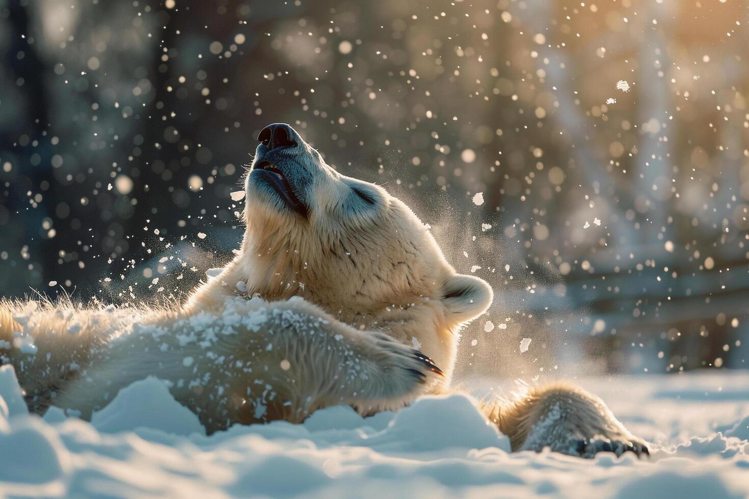a polar bear laying in the snow photo