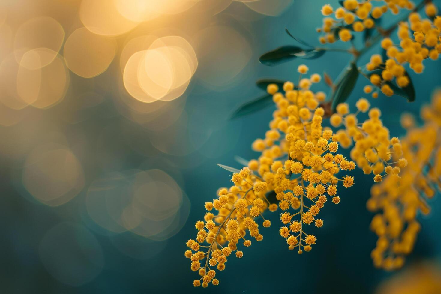yellow flowers on a branch with a blurred background photo