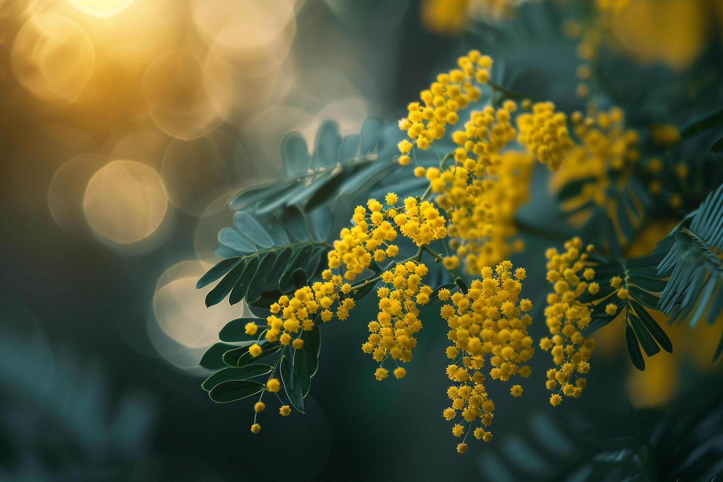 yellow mimosa flowers on a branch with a sun shining photo