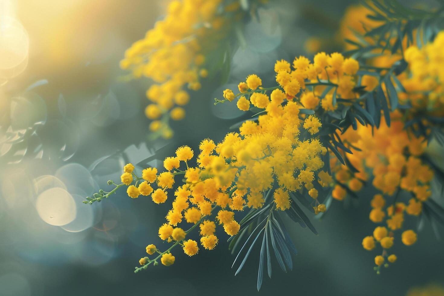 yellow mimosa flowers on a branch with sunlight photo