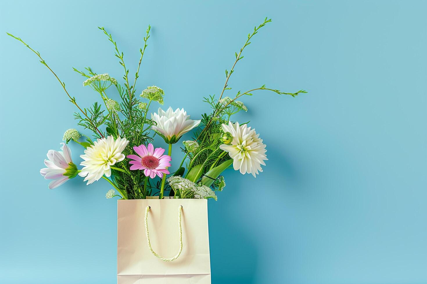 a bouquet of flowers is in a paper bag on a blue background photo