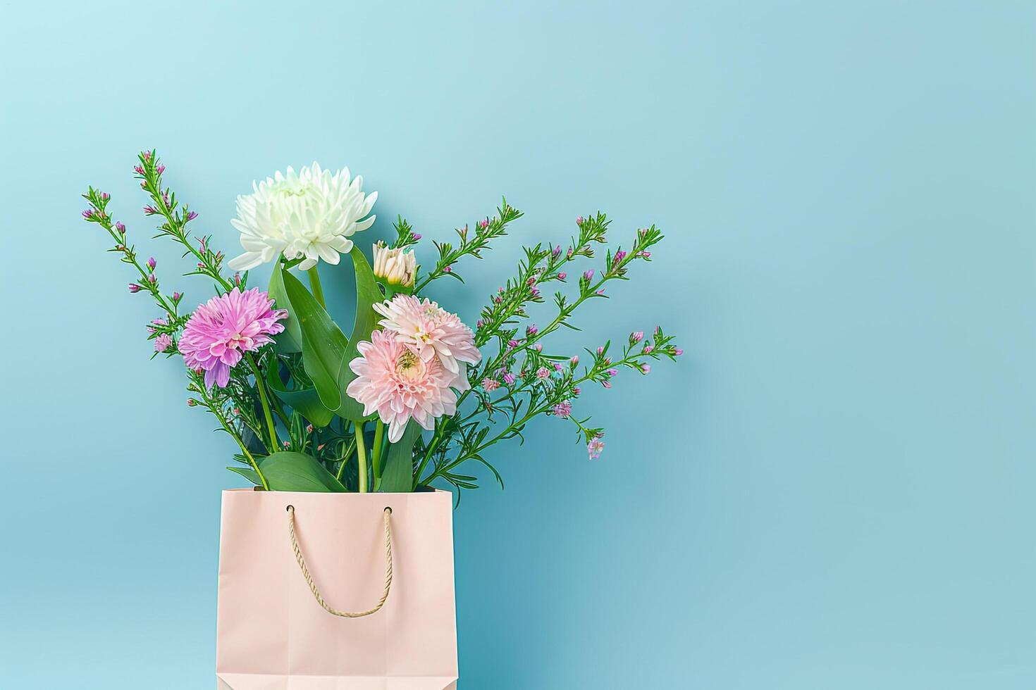 flowers in a paper bag on blue background photo