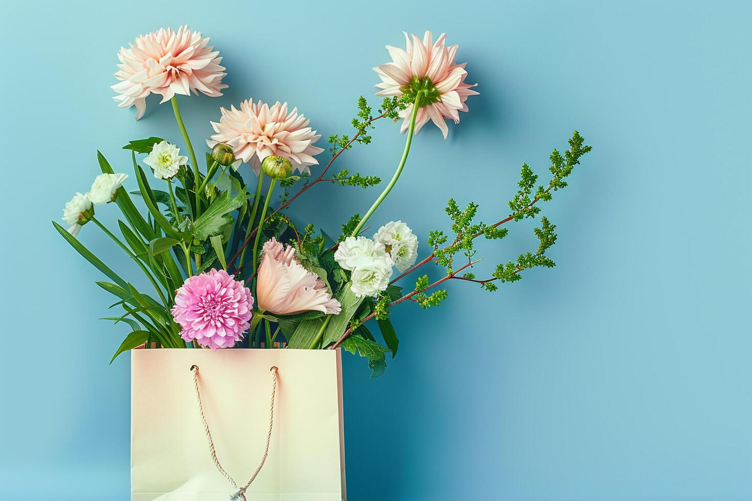 a bouquet of flowers in a paper bag on a blue background photo