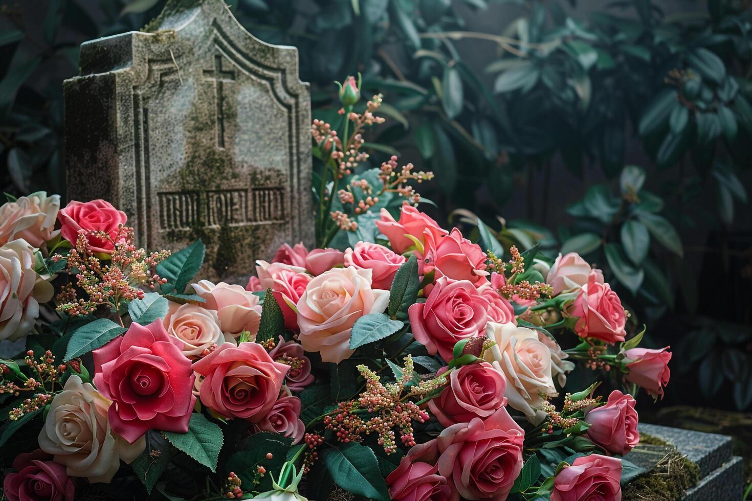 a grave with pink roses and green leaves photo