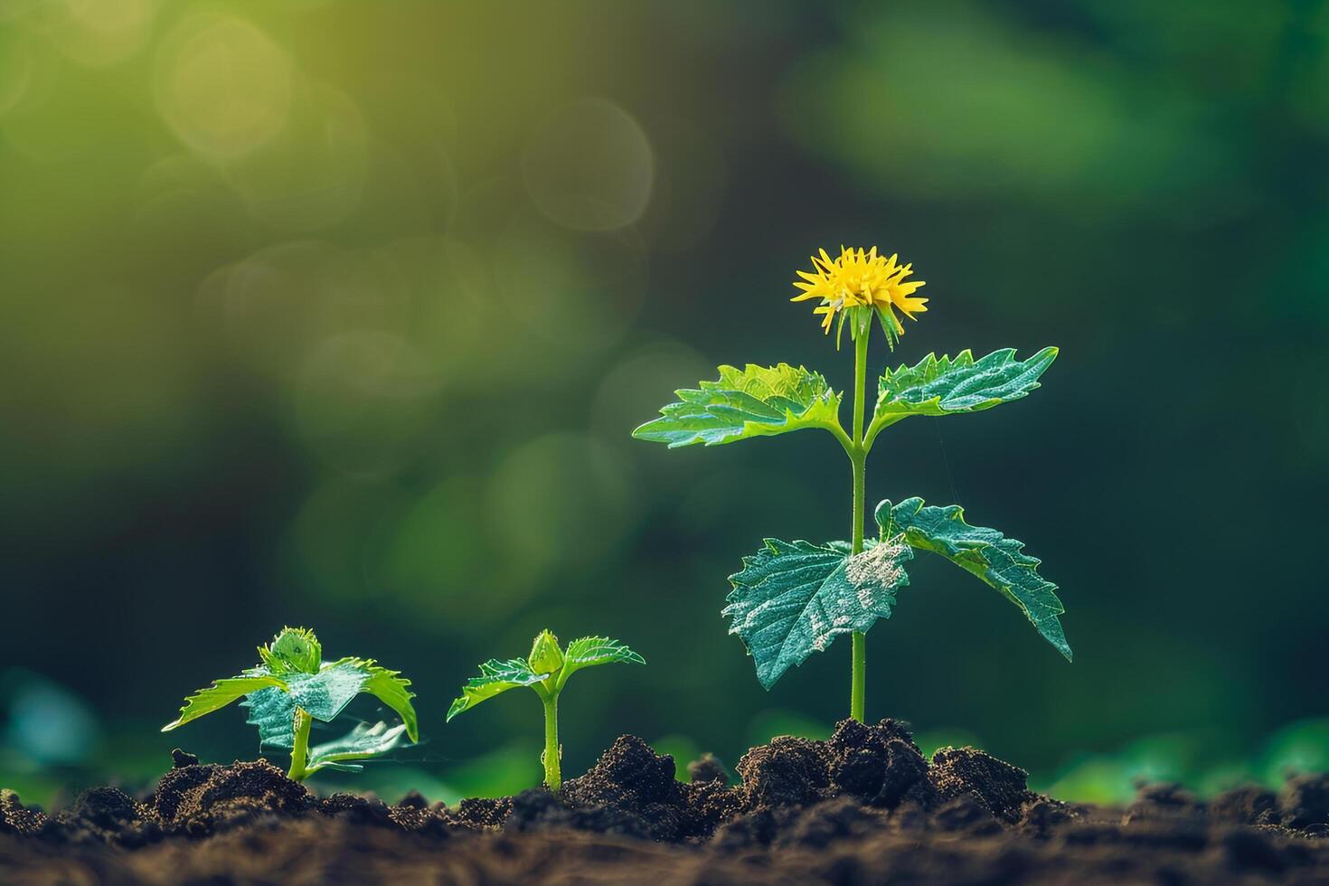a small yellow flower growing in the dirt photo