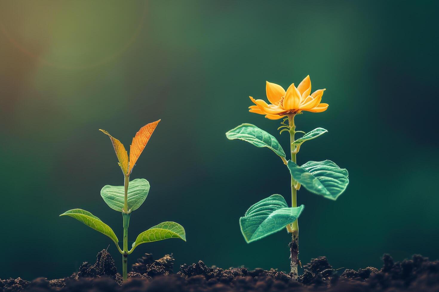 two plants growing from the ground with sunlight shining on them photo