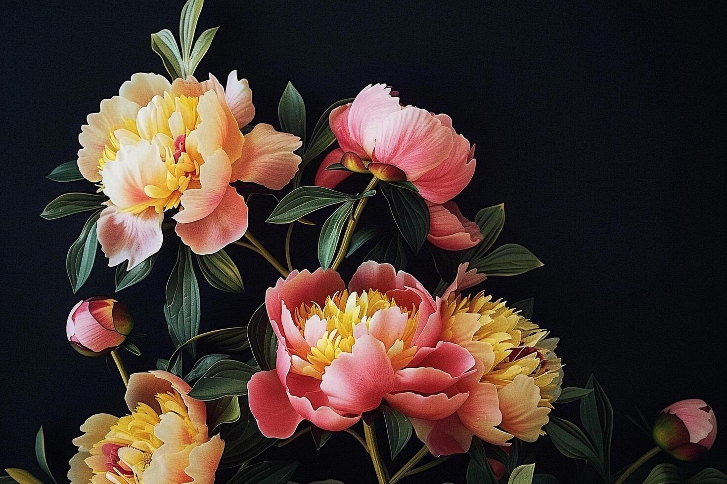 a vase of peonies on a black background photo