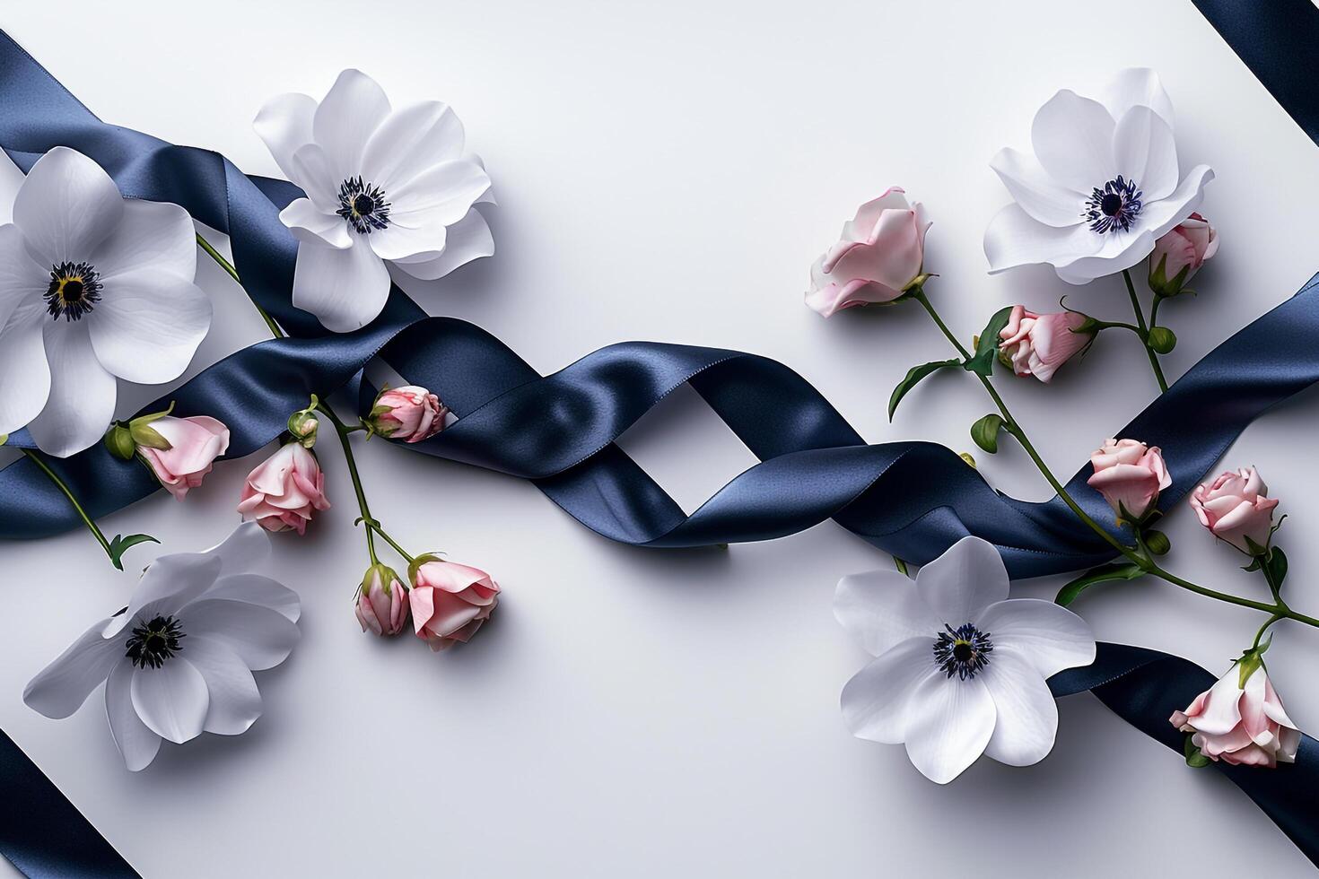 a blue riBBon and white flowers on a white background photo