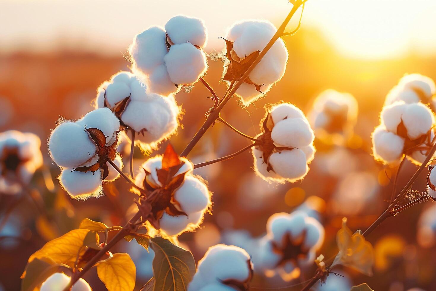 cotton plants in a field at sunset photo