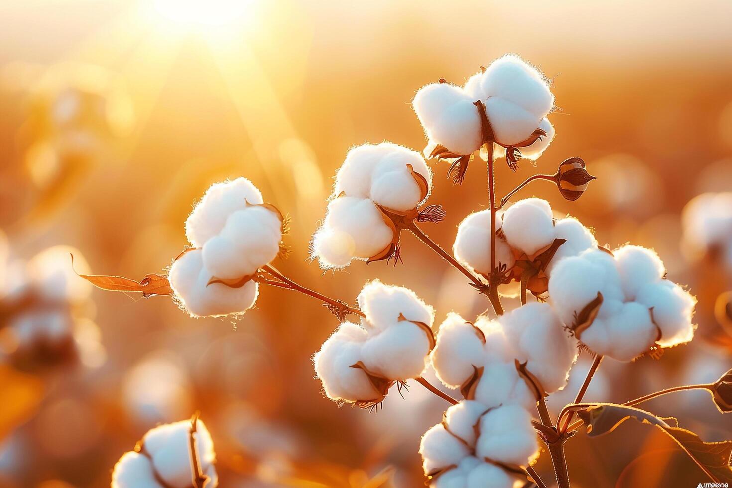 cotton field with sun shining in background photo