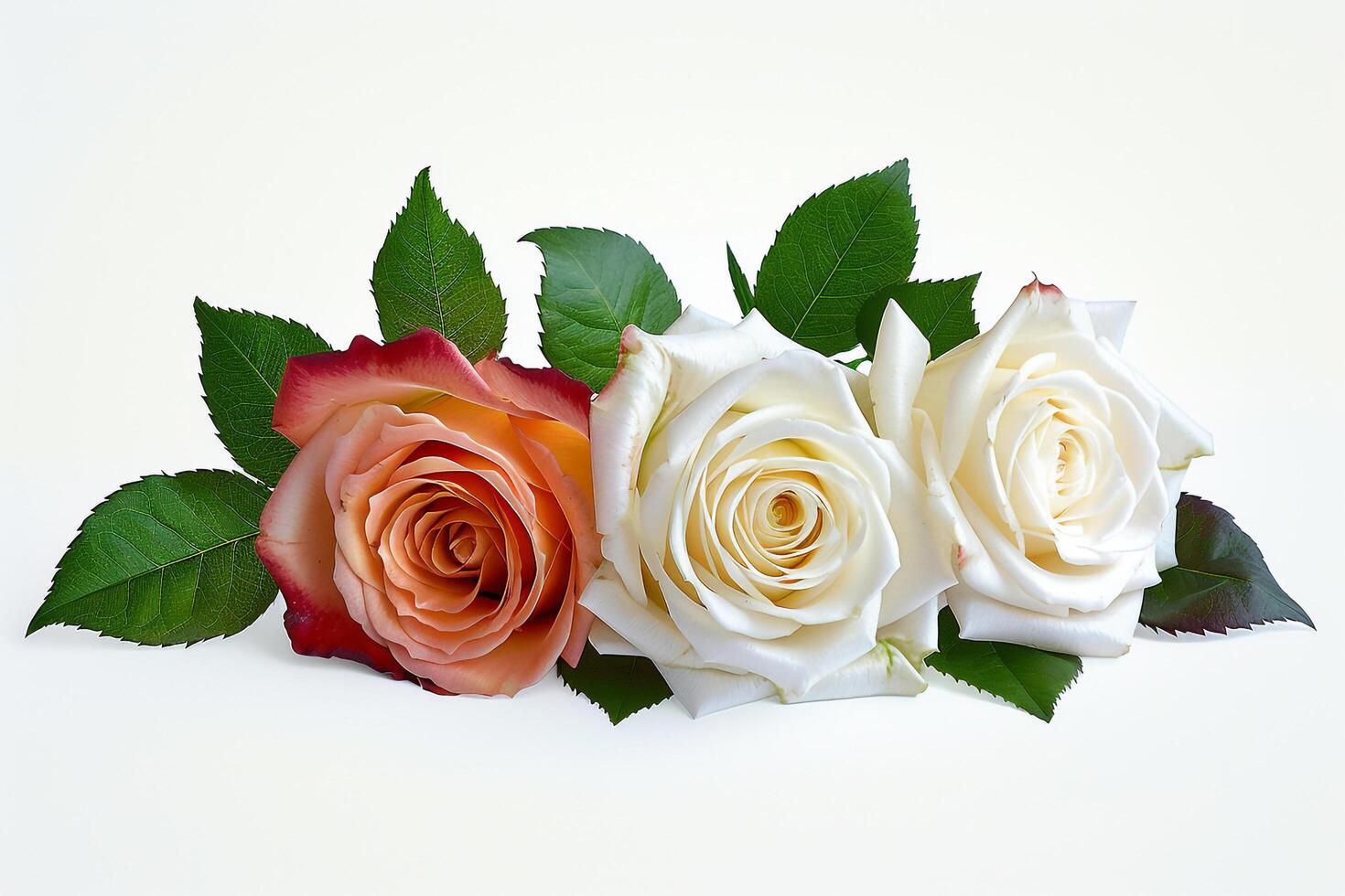 Three roses are arranged on a white background background photo