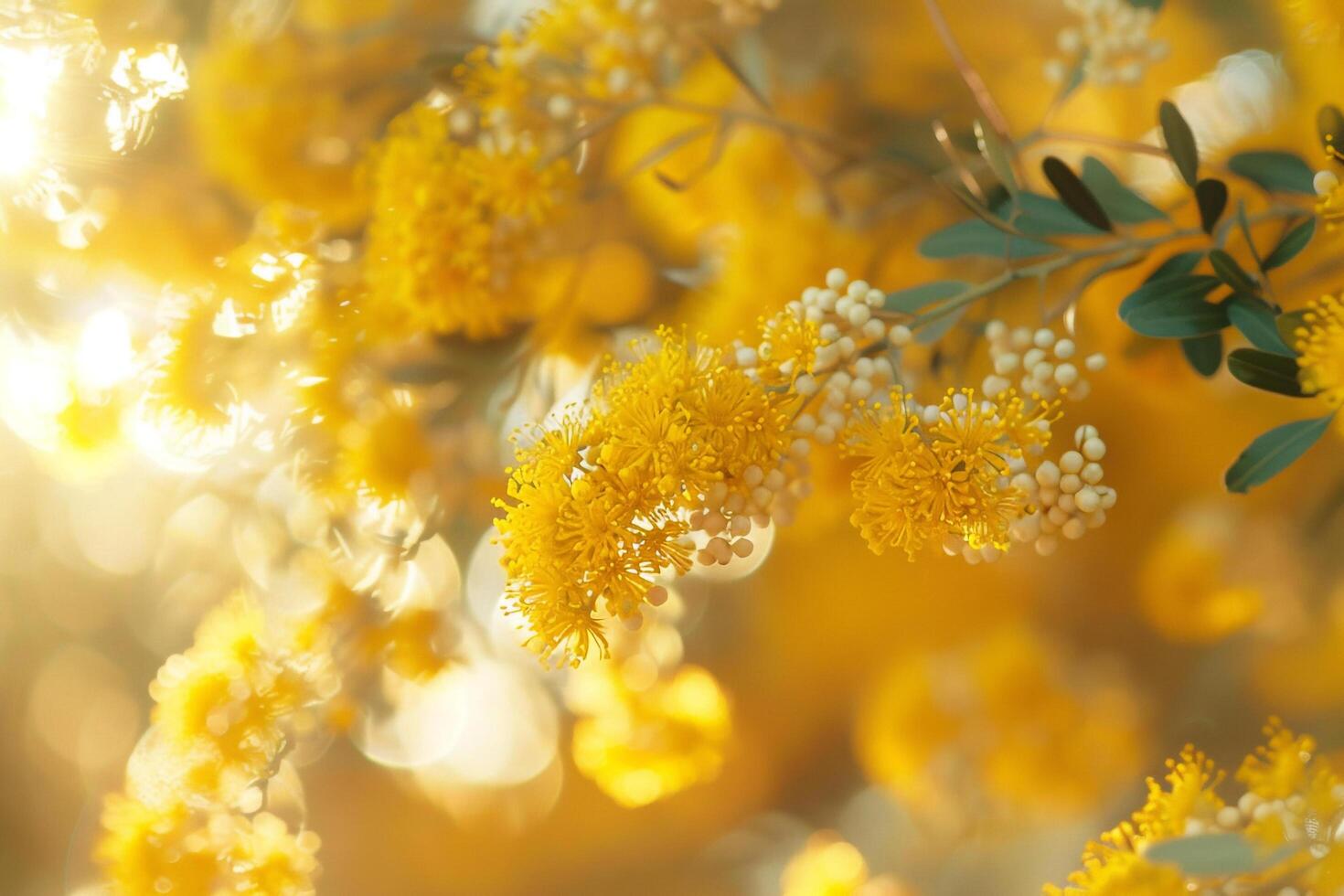 Yellow Flowers on Branch with Sunlight Background photo