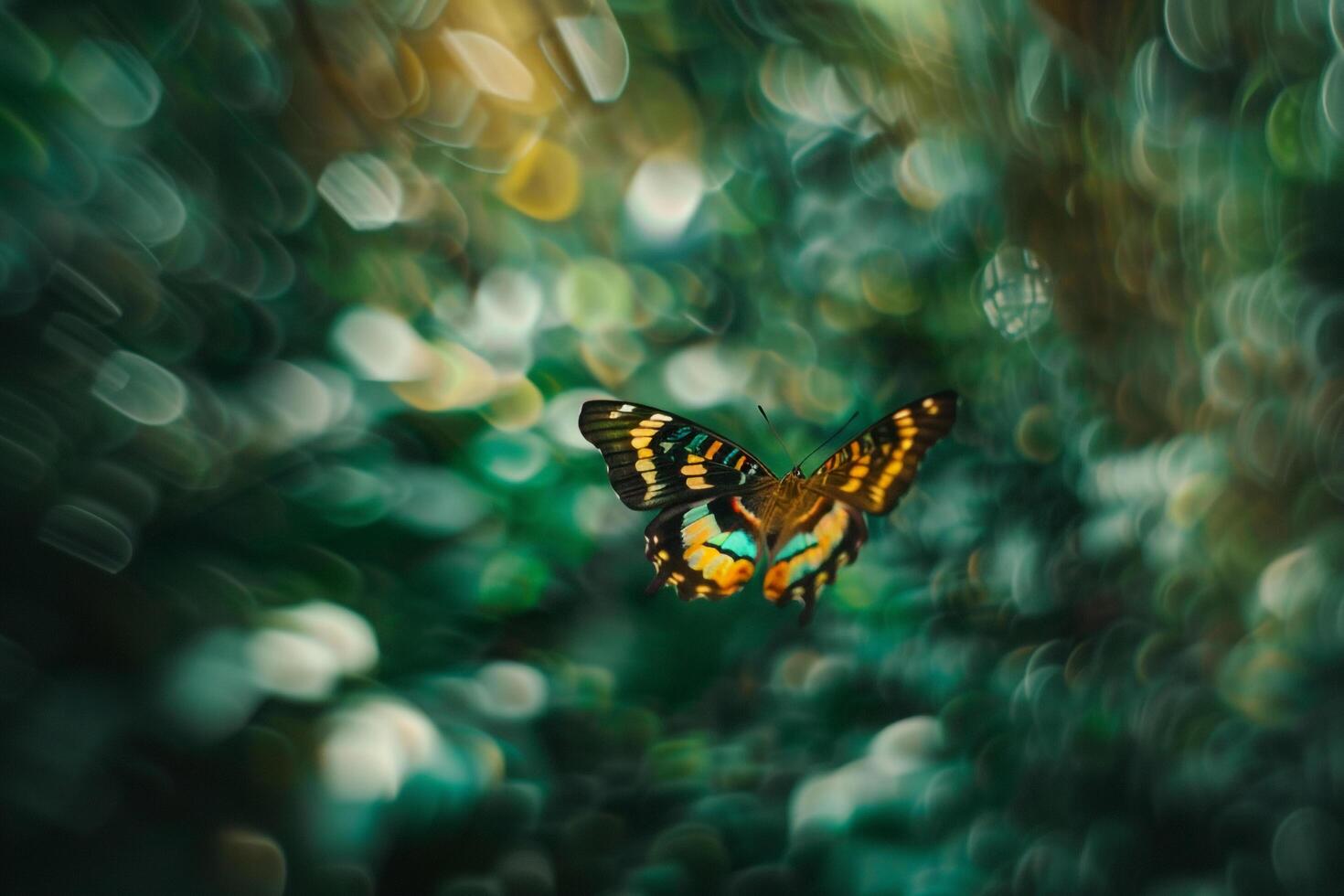 Butterfly Flying in Front of Blurry Trees Background photo