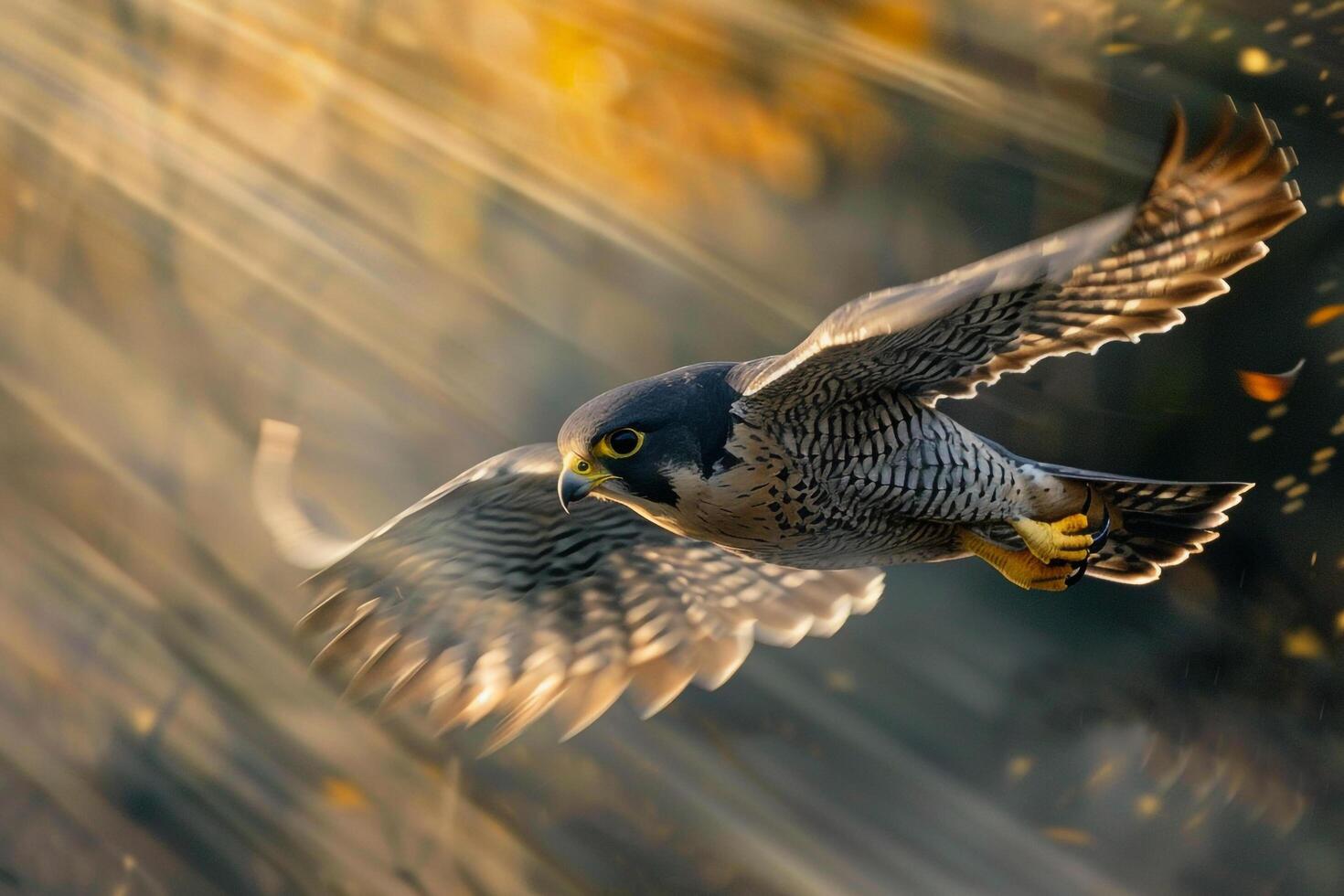 Falcon Flying Through Air with Sunlight Shining Background photo