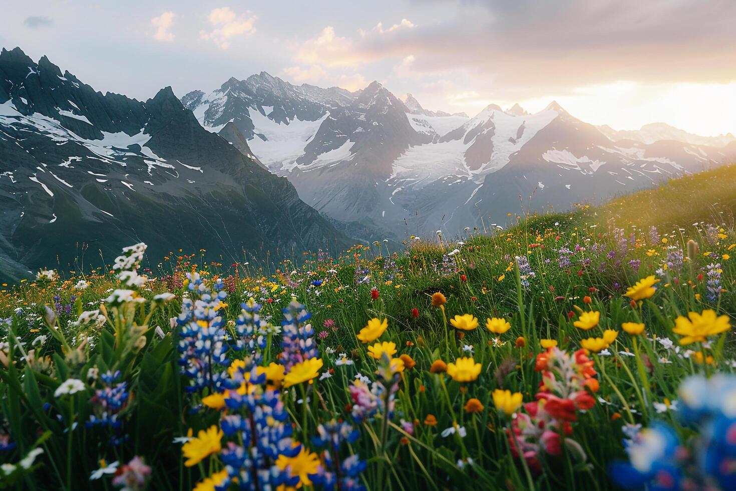 Field of Wildflowers and Mountains at Sunset Background photo