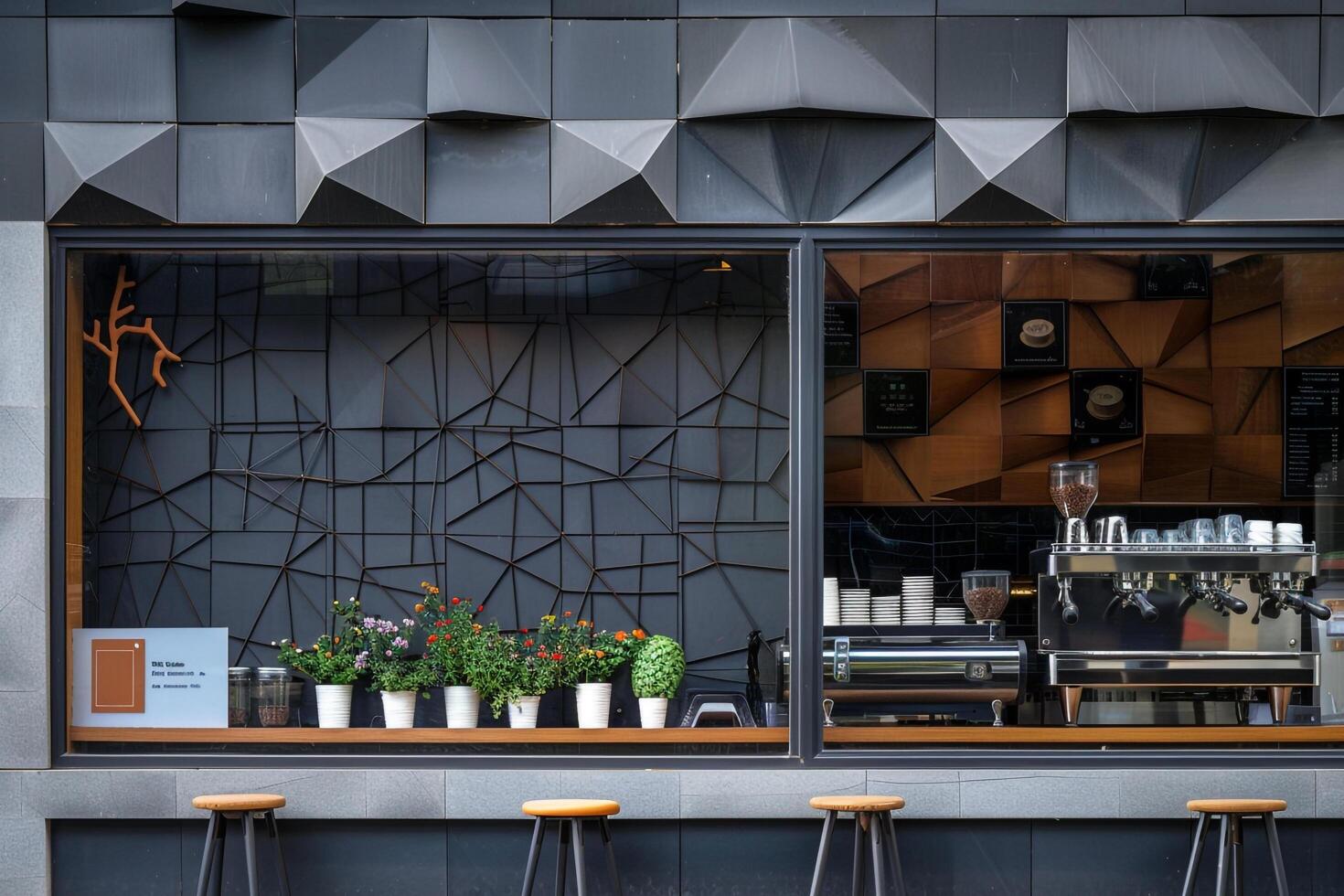 Coffee Shop Window with Black Wall Background photo