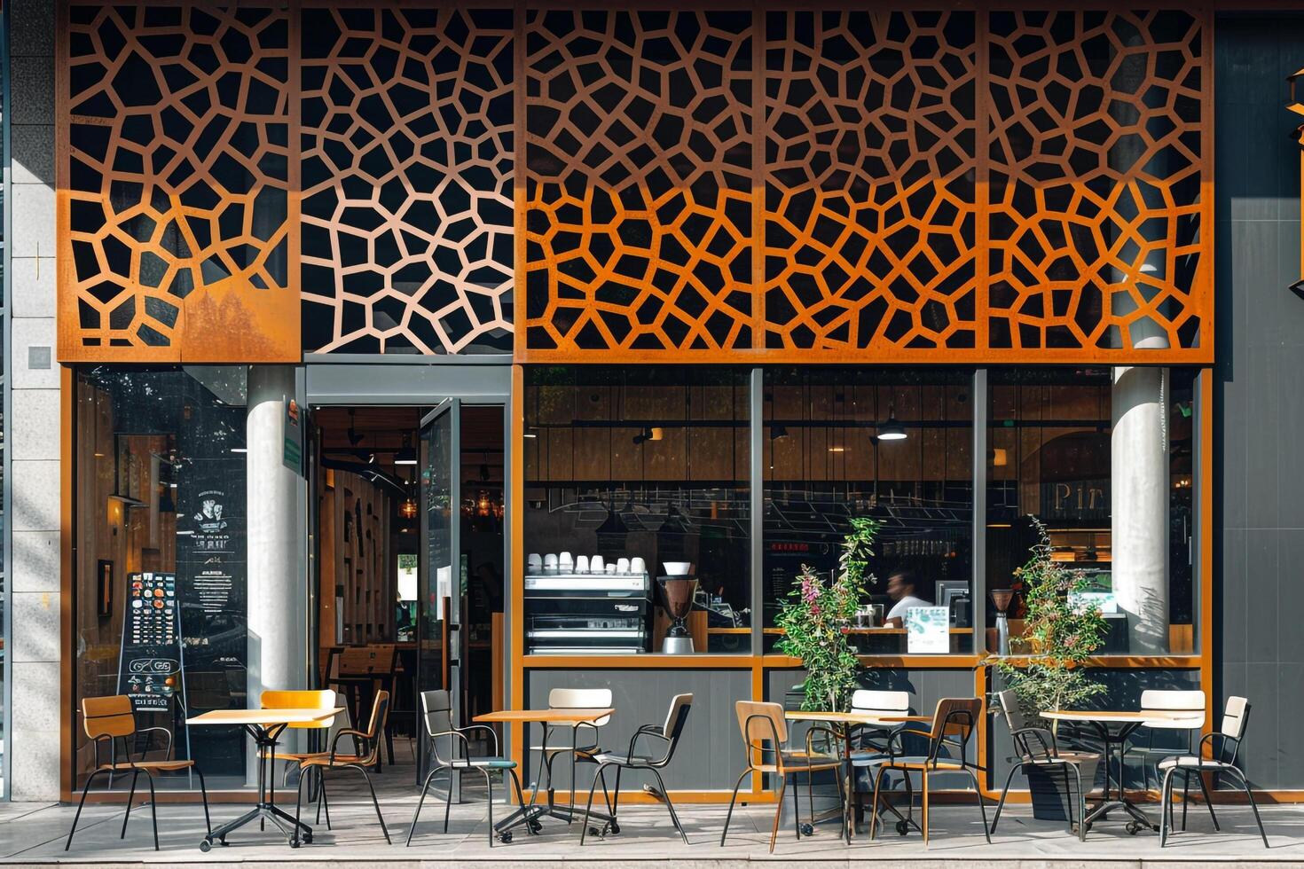 Restaurant with Large Metal Wall Background photo