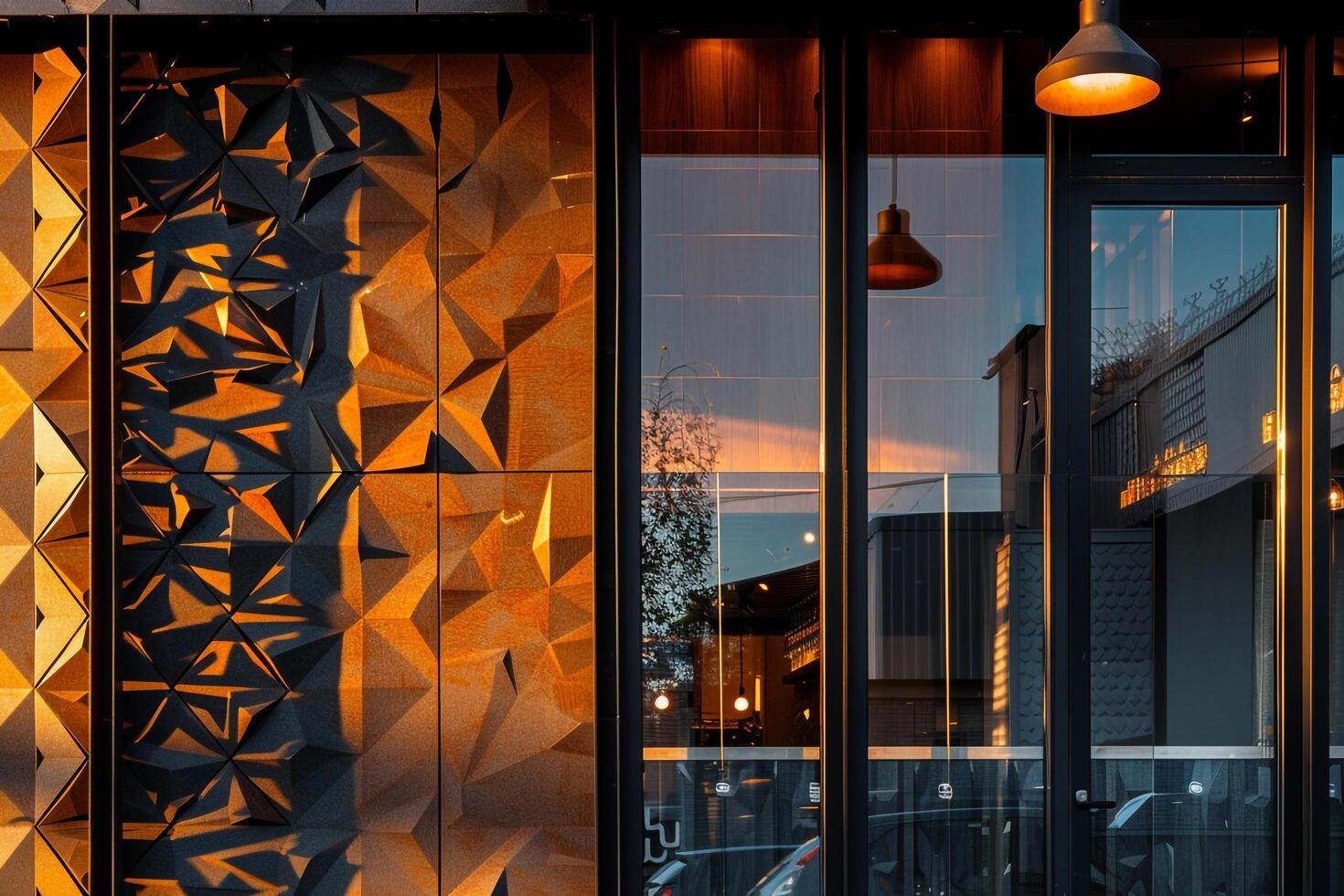 Building with Large Window and Metal Wall Background photo