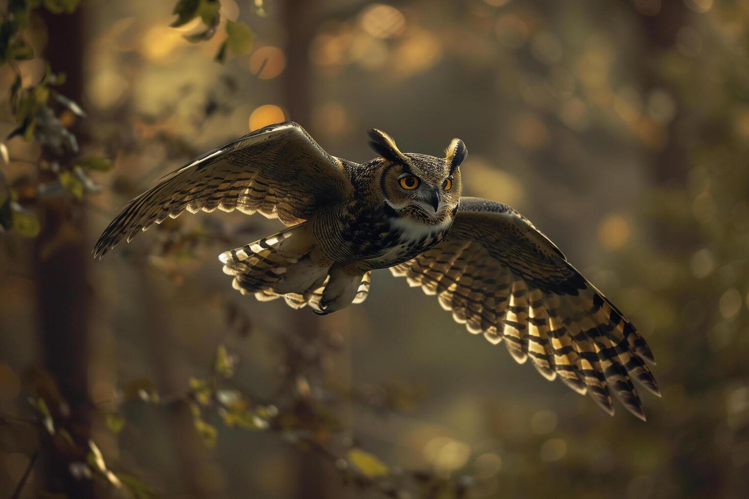 An Owl Flying Through the Air in the Forest Background photo
