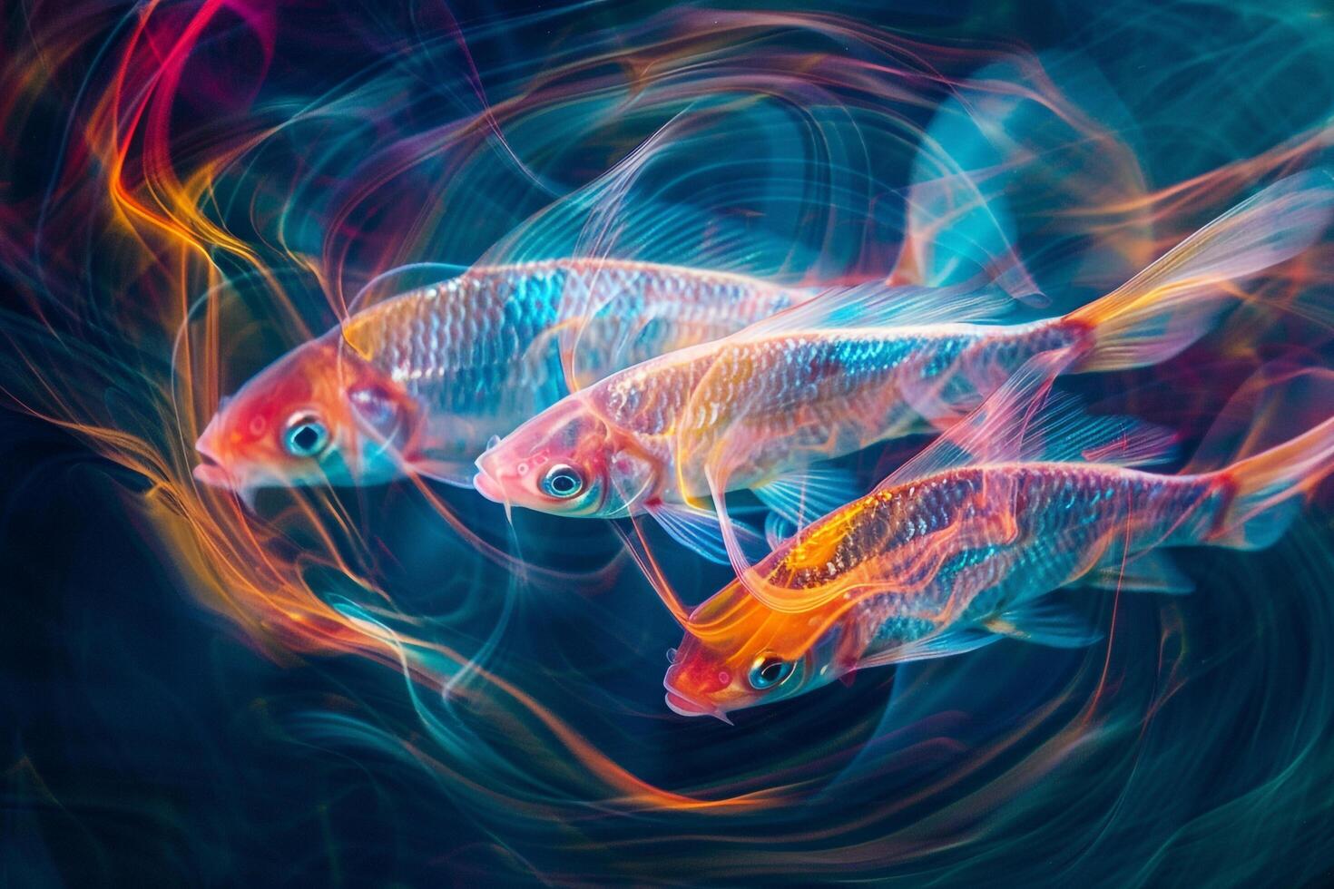 Three Fish Swimming in Circle with Colorful Swirls Background photo