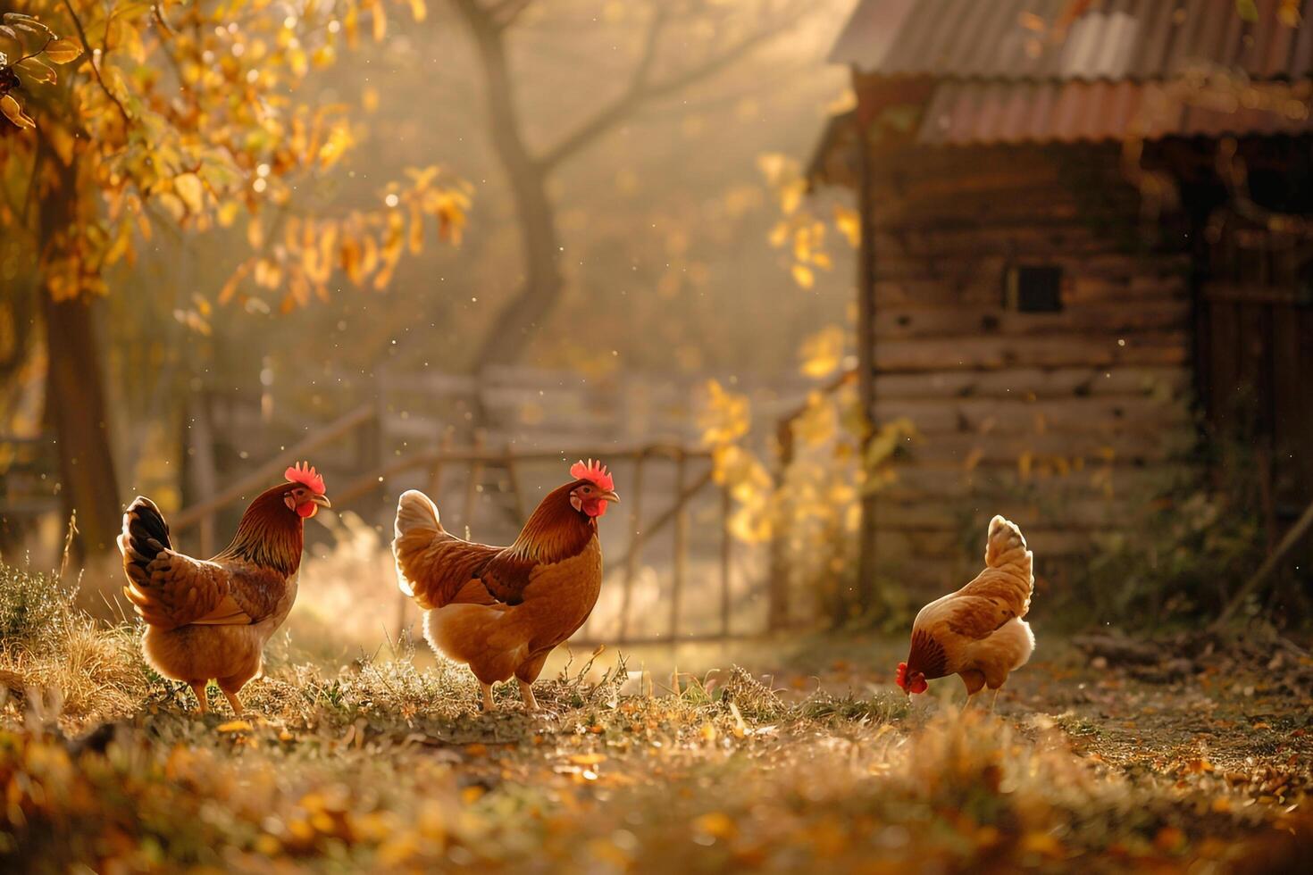 Chickens Walking in the Grass Near a Barn Background photo