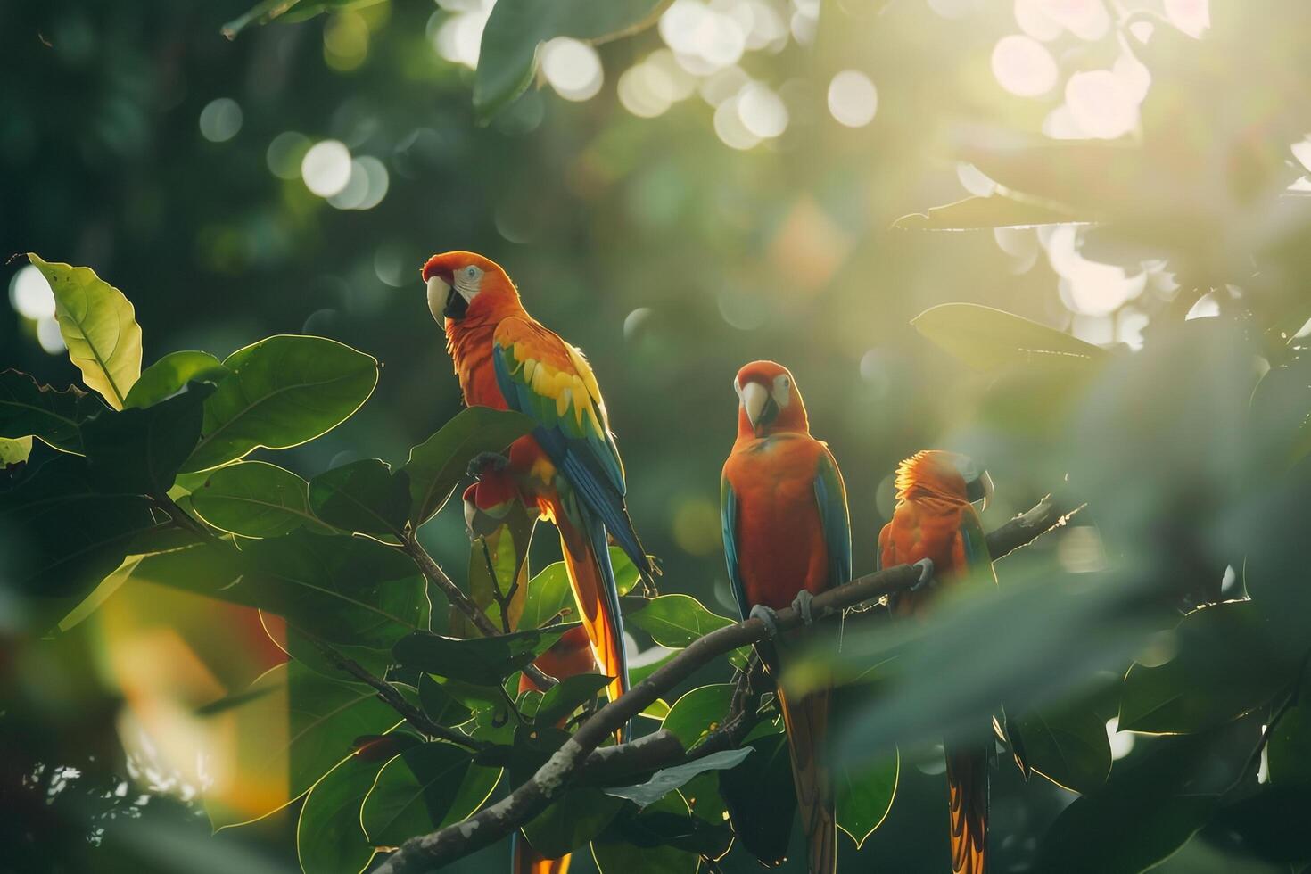 three colorful parrots sitting on a branch in the sun background photo