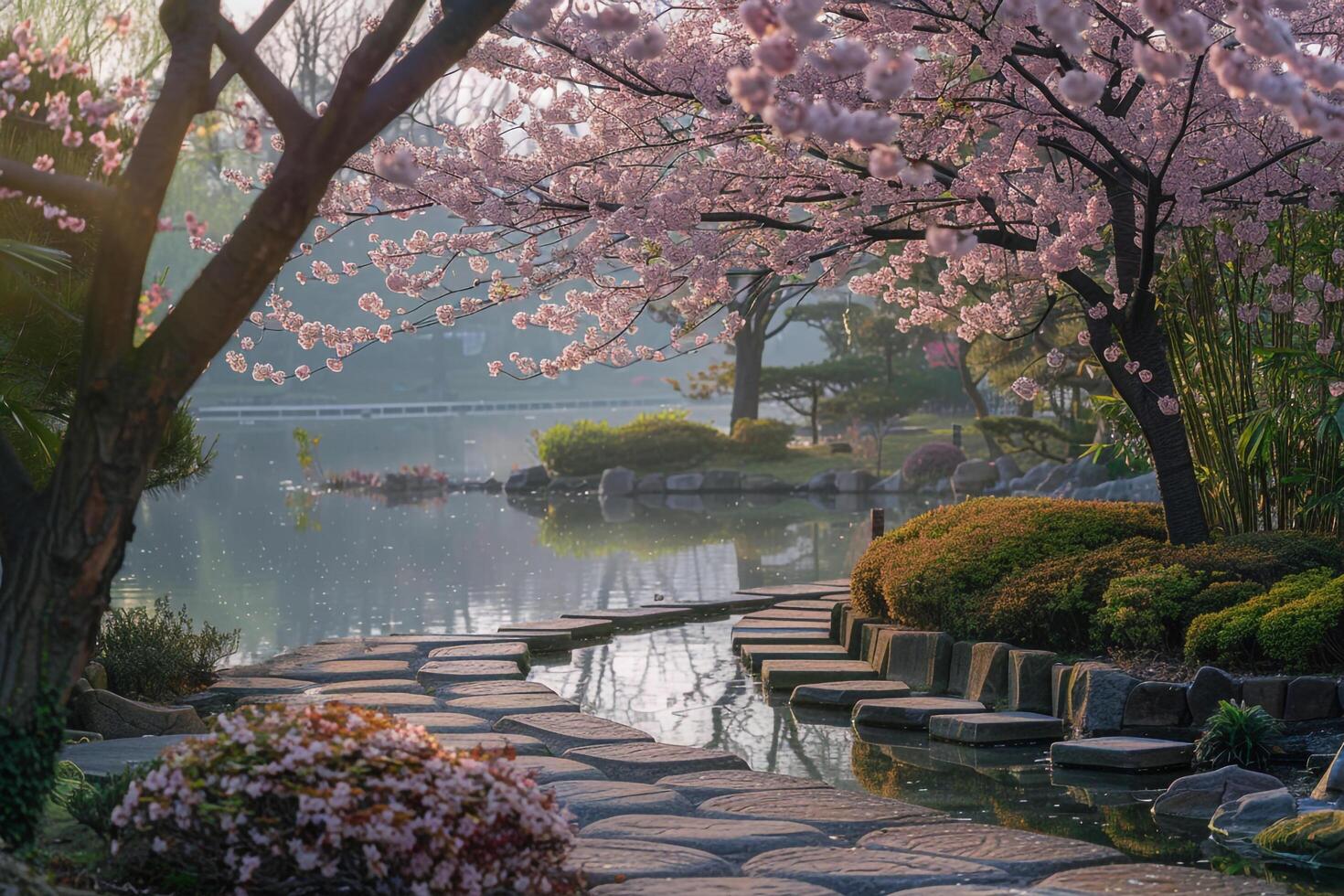 Stone Path Leading to a Pond with Cherry Trees Background photo