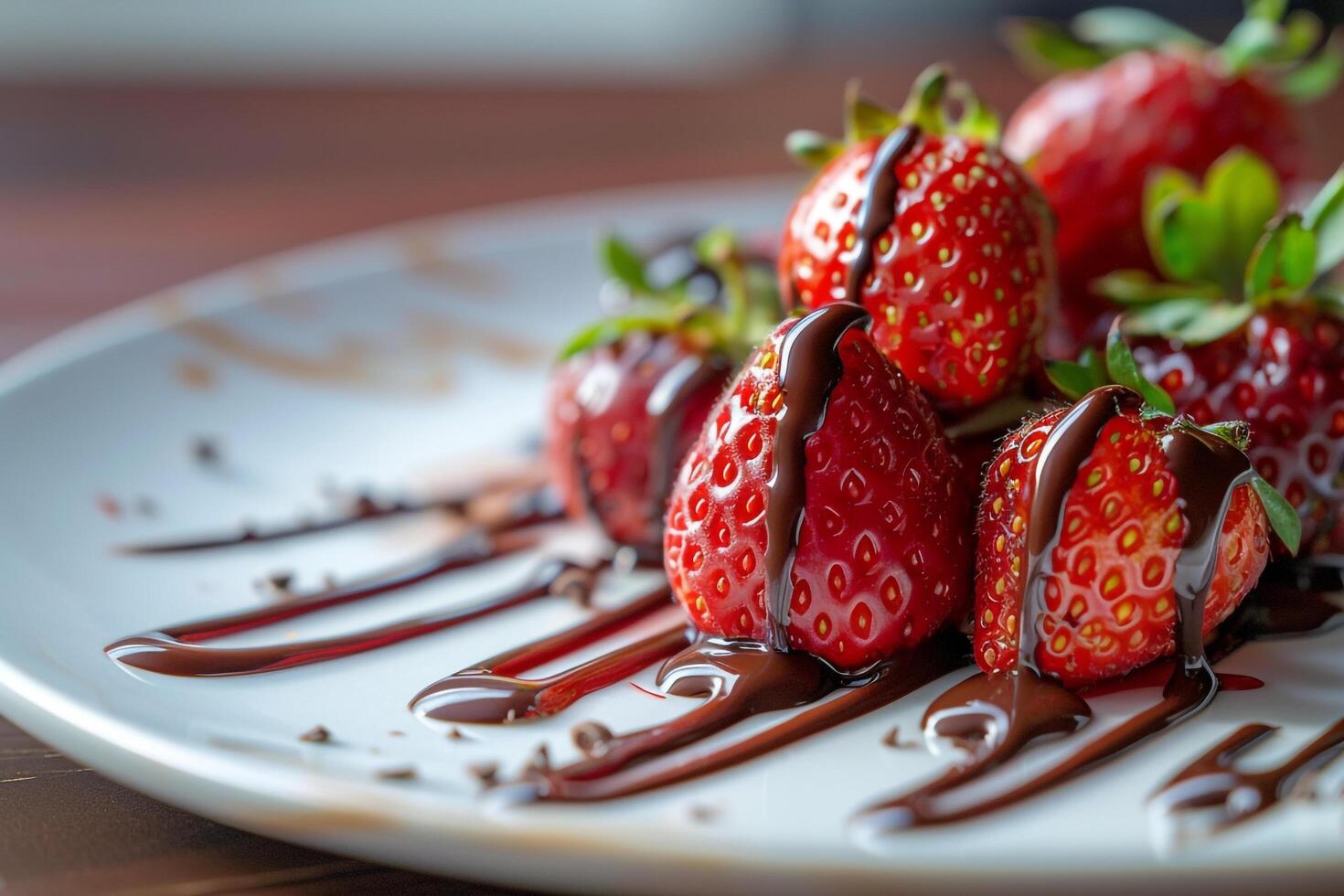 Plate with strawberries and chocolate drizzle on background photo