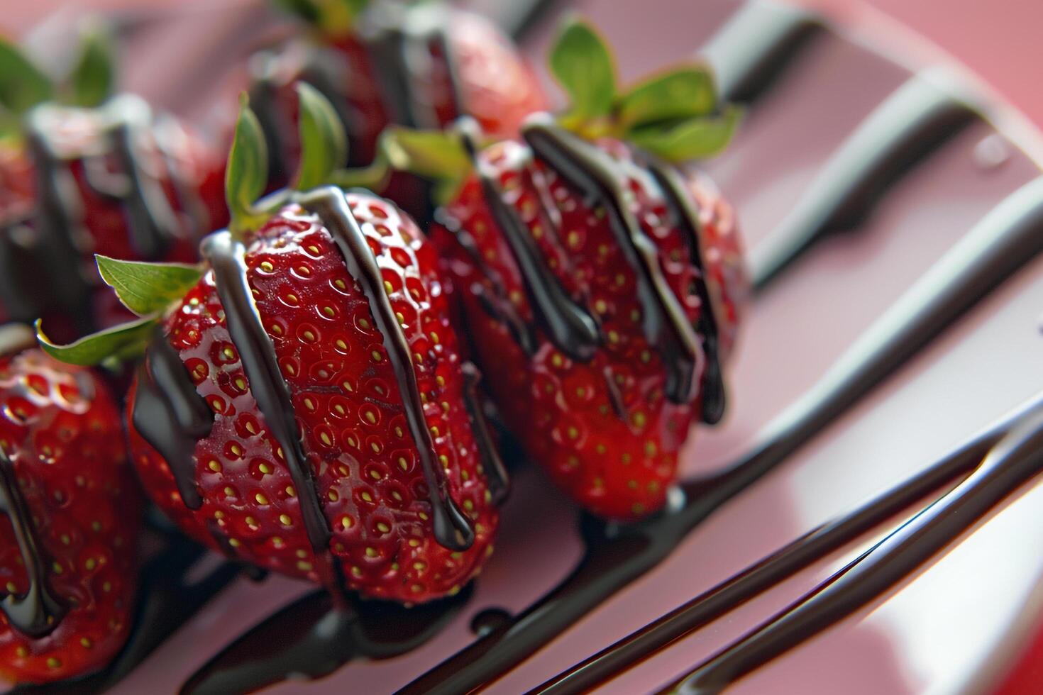Plate of strawberries with chocolate drizzle and background photo