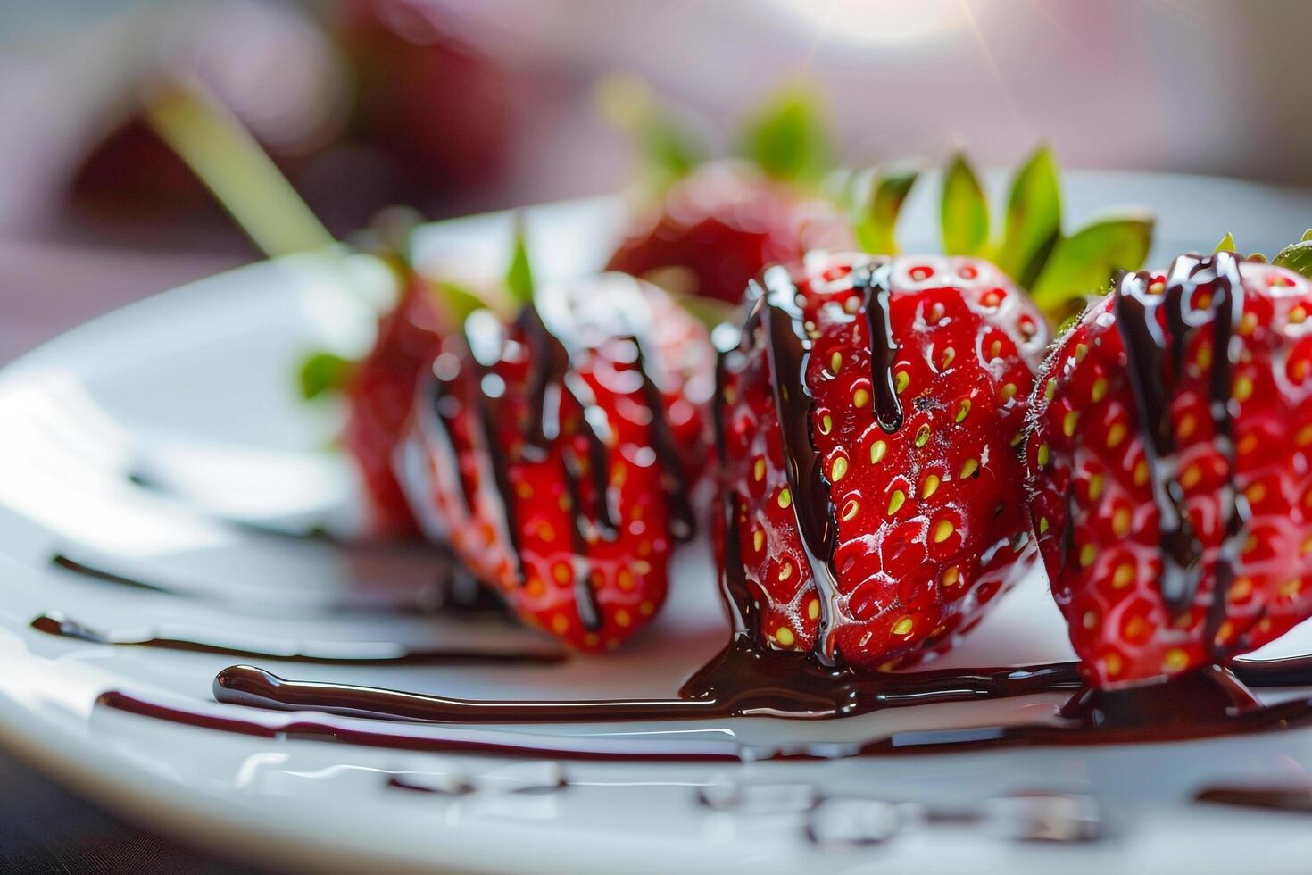 Plate with strawberries and chocolate drizzle on background photo