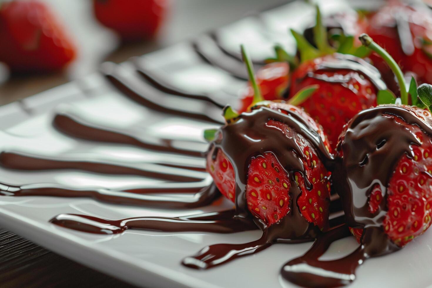 Plate of Chocolate Covered Strawberries on Background photo