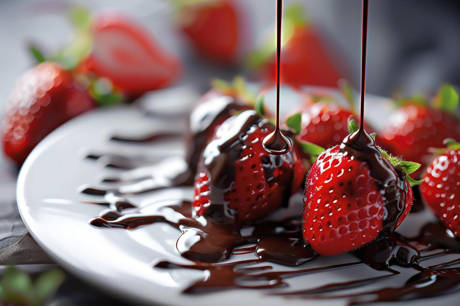 Plate of Strawberries with Chocolate Drizzle on Background photo