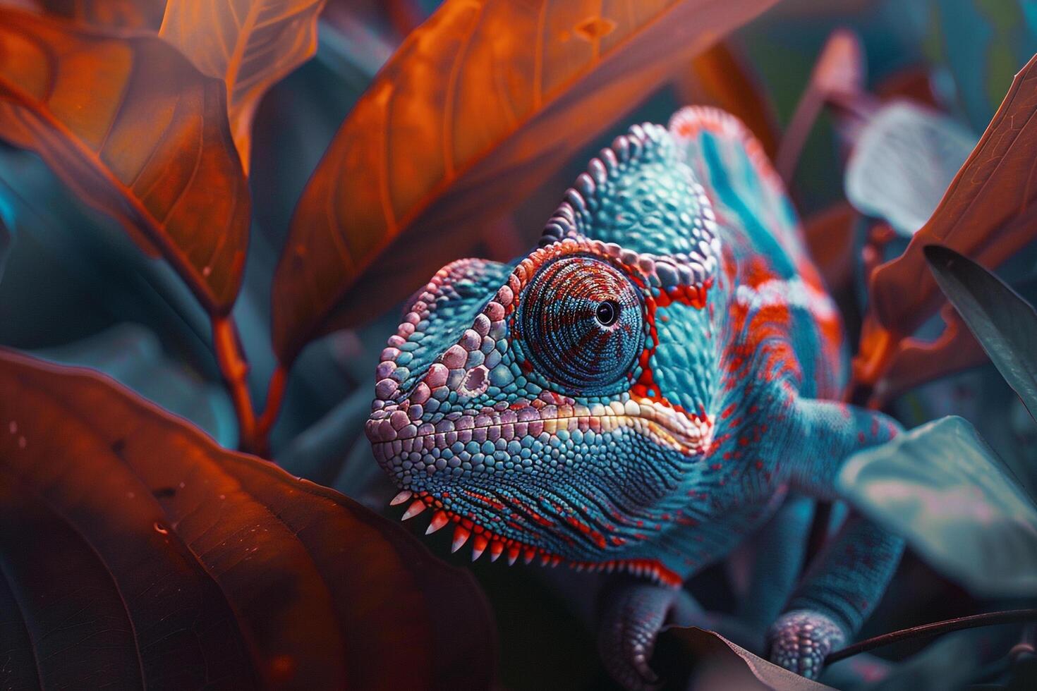 Chameleon Sitting in Middle of Leaves on Jungle Background photo