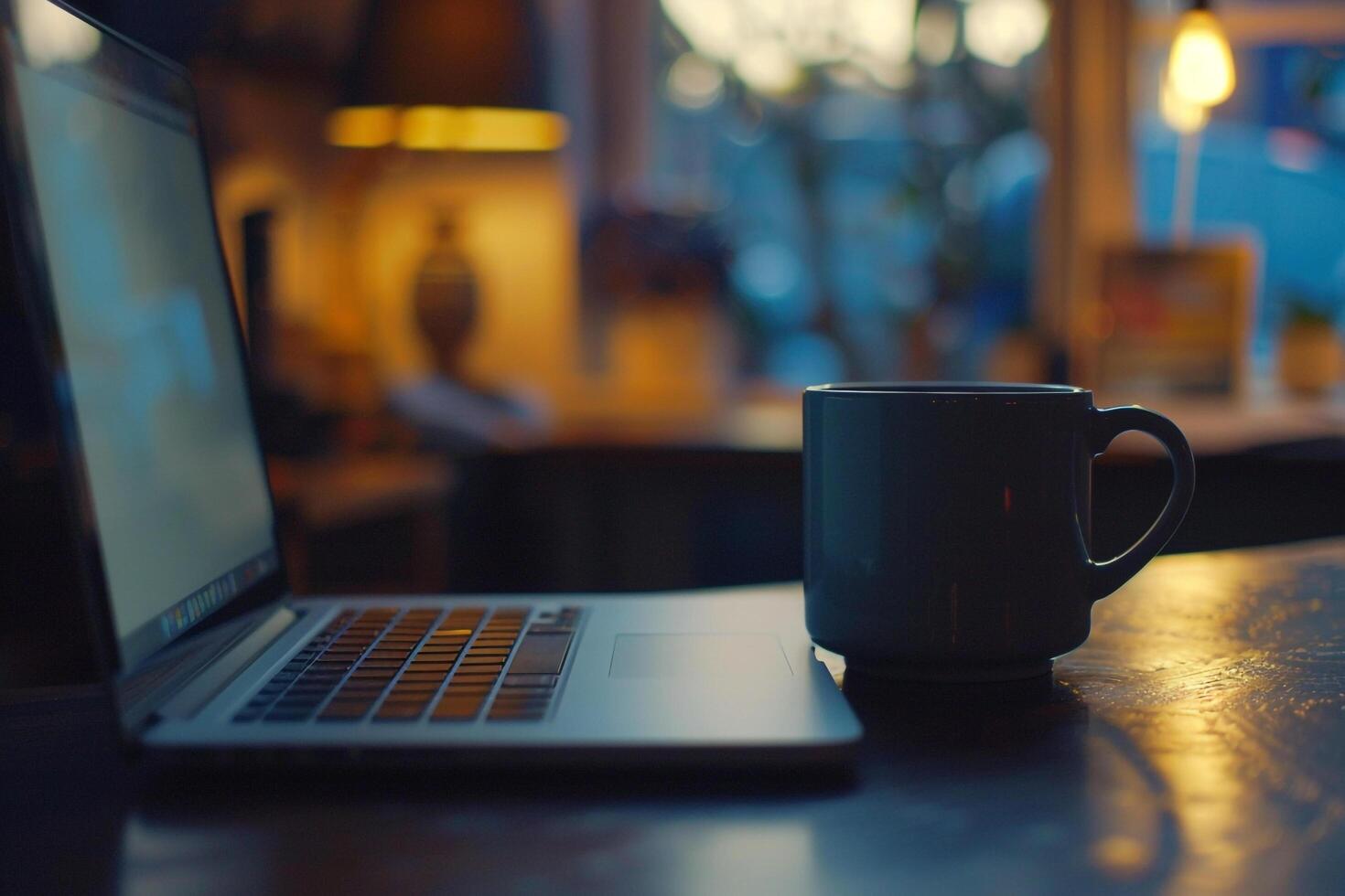 a laptop computer and a coffee cup on a table photo