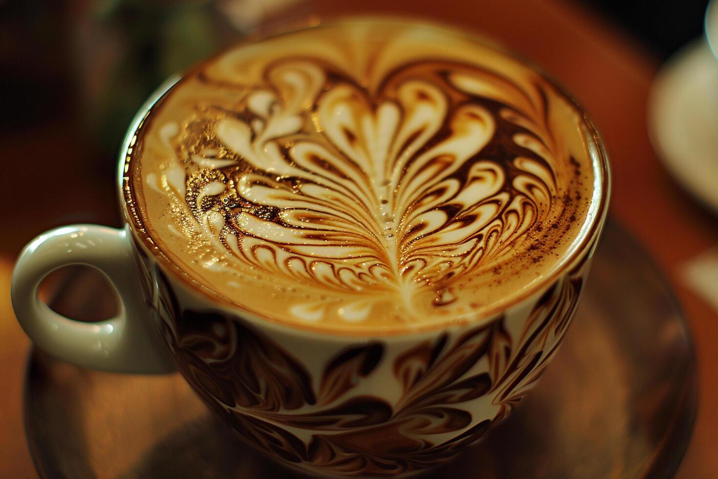a cup of coffee with a design on it photo
