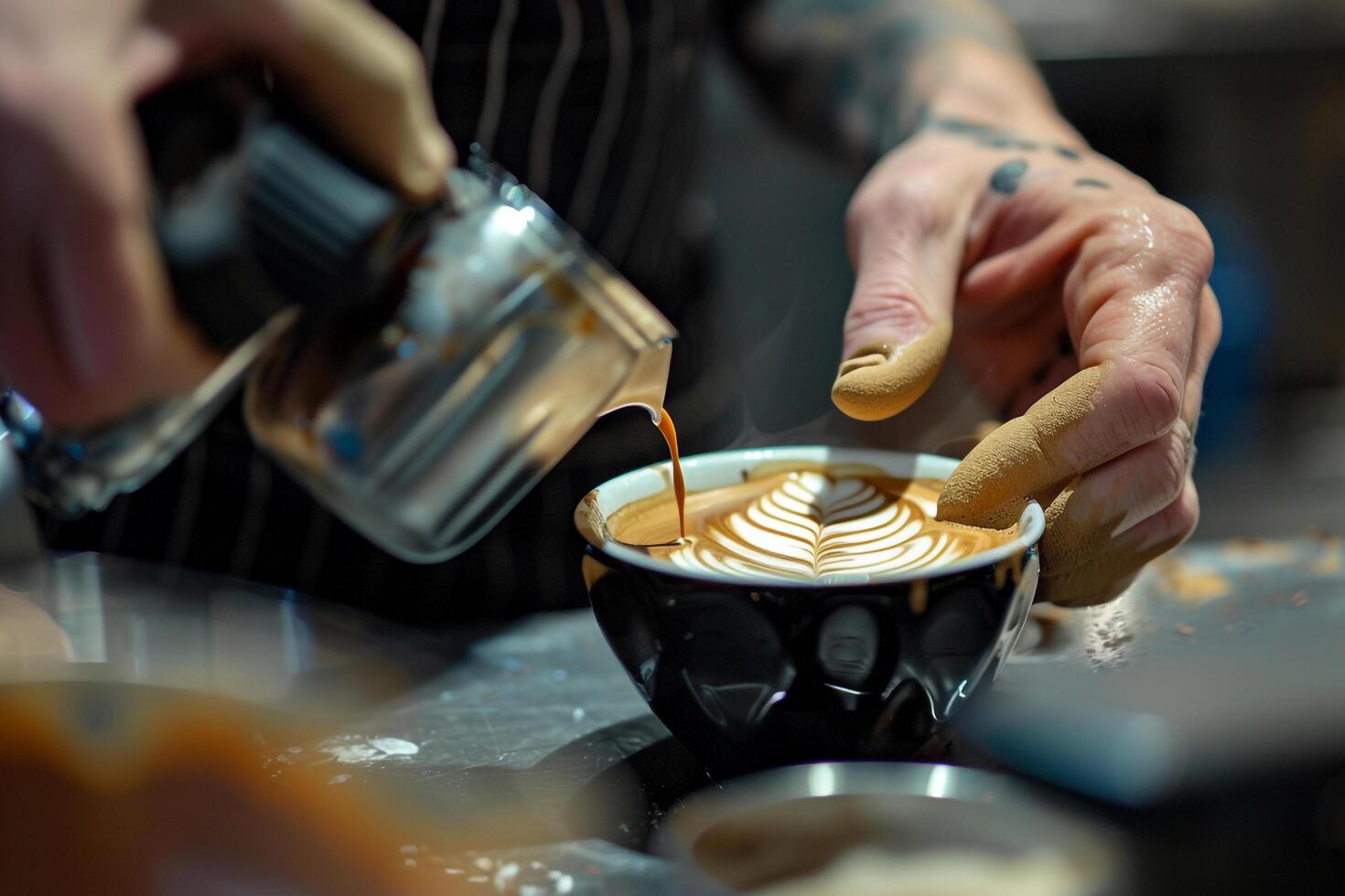 a person is pouring coffee into a cup photo