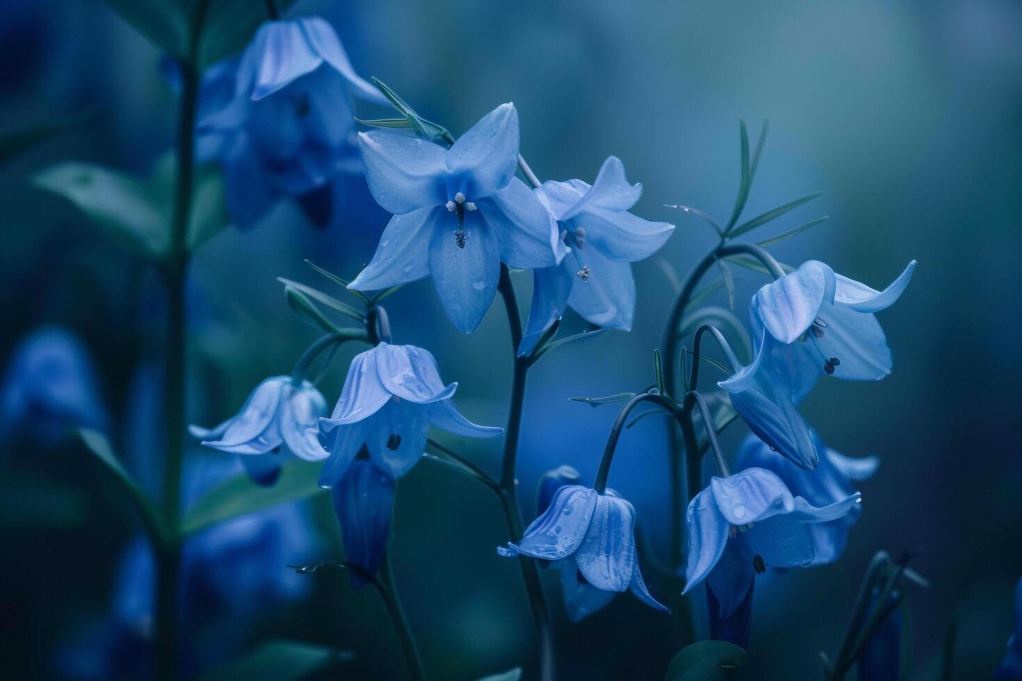 Bluebells are blooming in the dark background photo