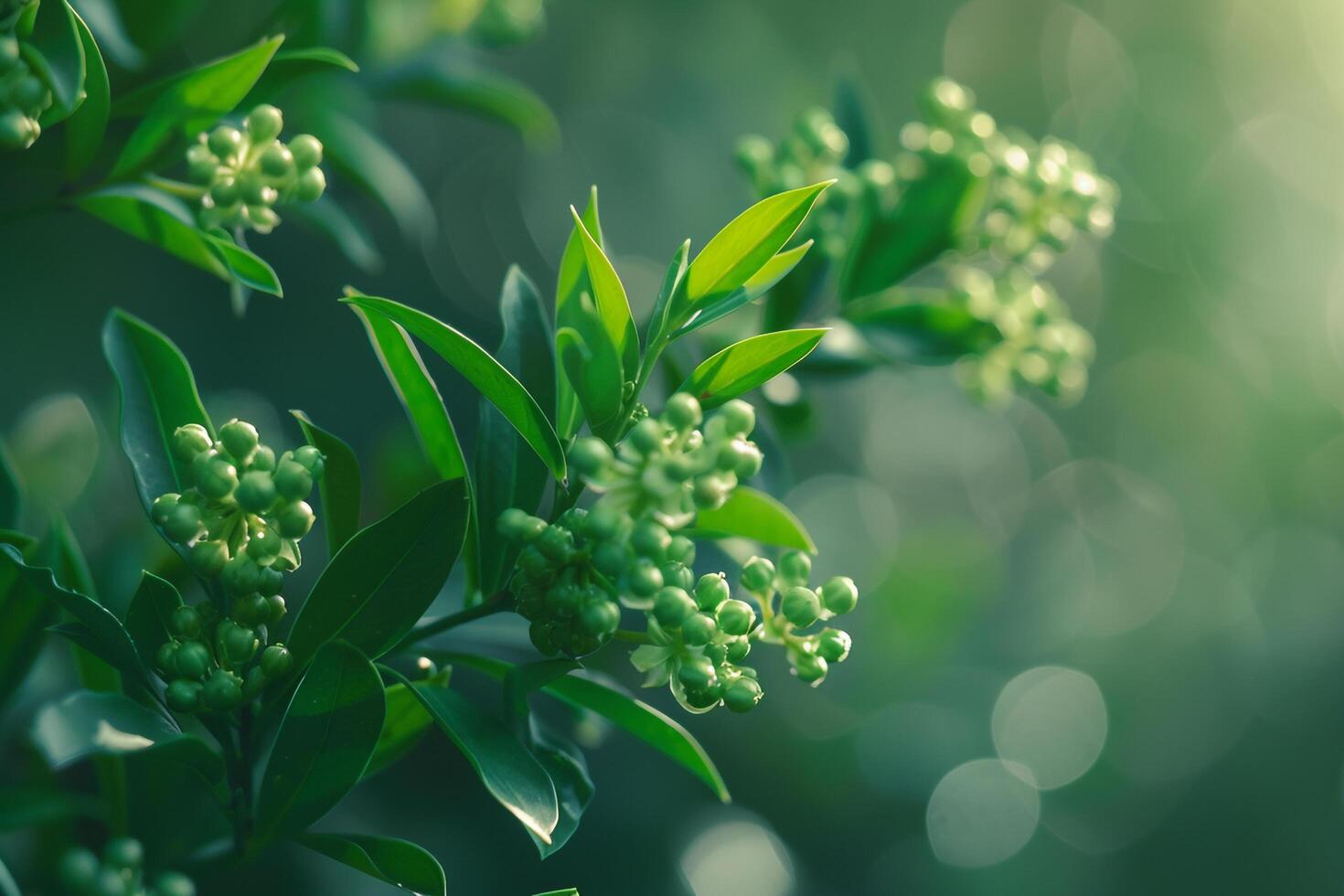 Green leaves and flowers on a tree background photo