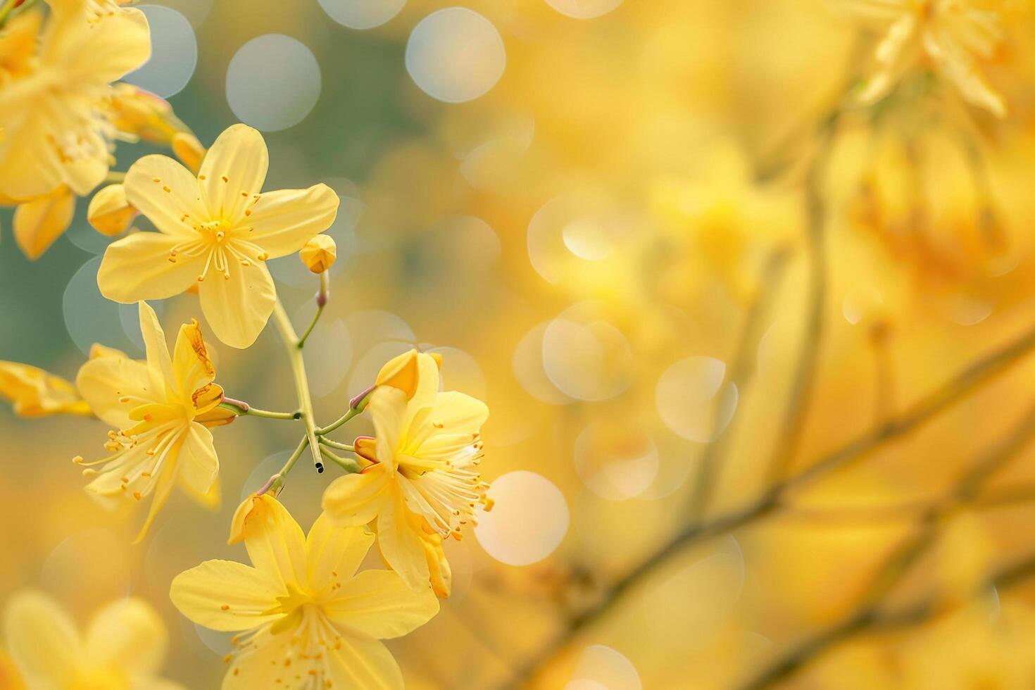Yellow flowers on a branch with a blurry background photo