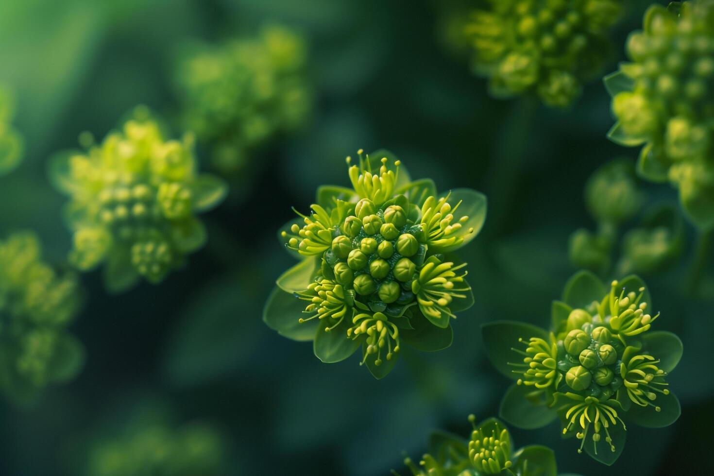 Green flowers with many small green leaves background photo