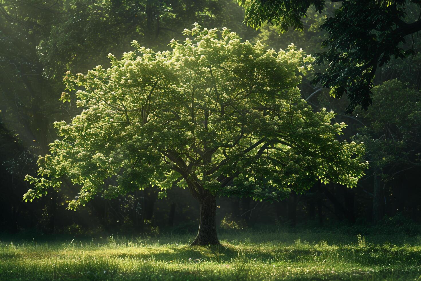 Tree in Field with Sunlight Shining Through photo