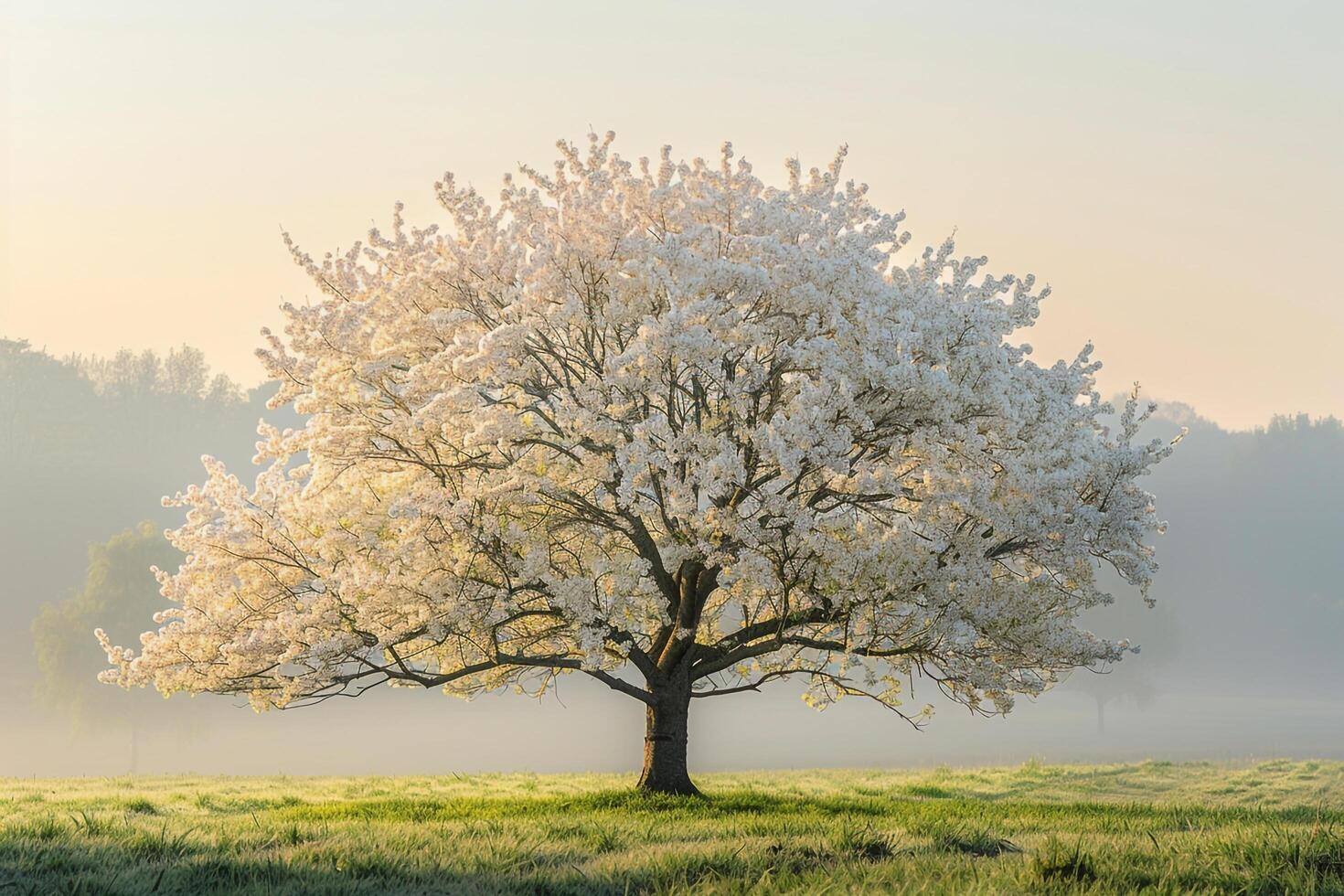 A White Tree in a Field with Foggy Morning Background photo